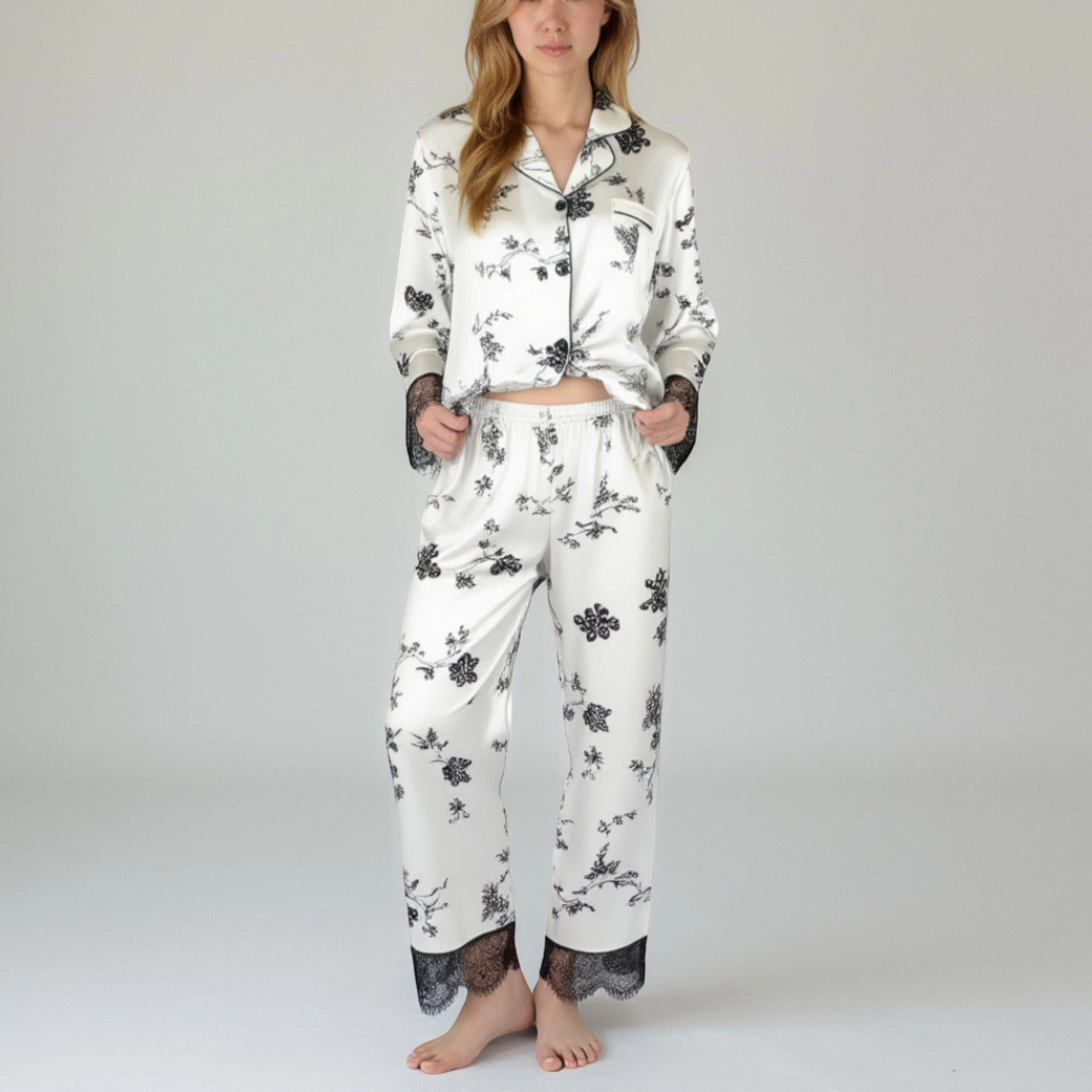 Anna-Kaci Women's Satin Pajama Set with Floral Print and Lace Trim Cuffs Hem