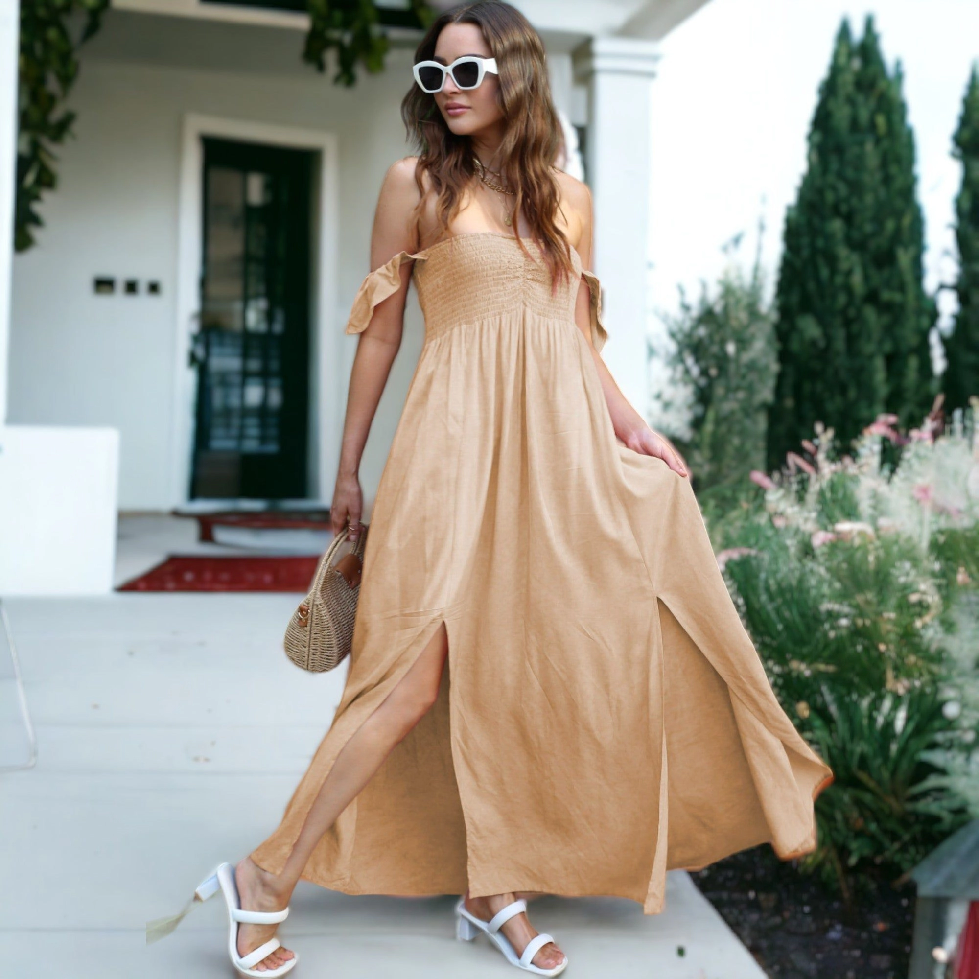 Anna-Kaci Womens Smocked Off-the-Shoulder Maxi Dress with Flutter Cap Sleeves