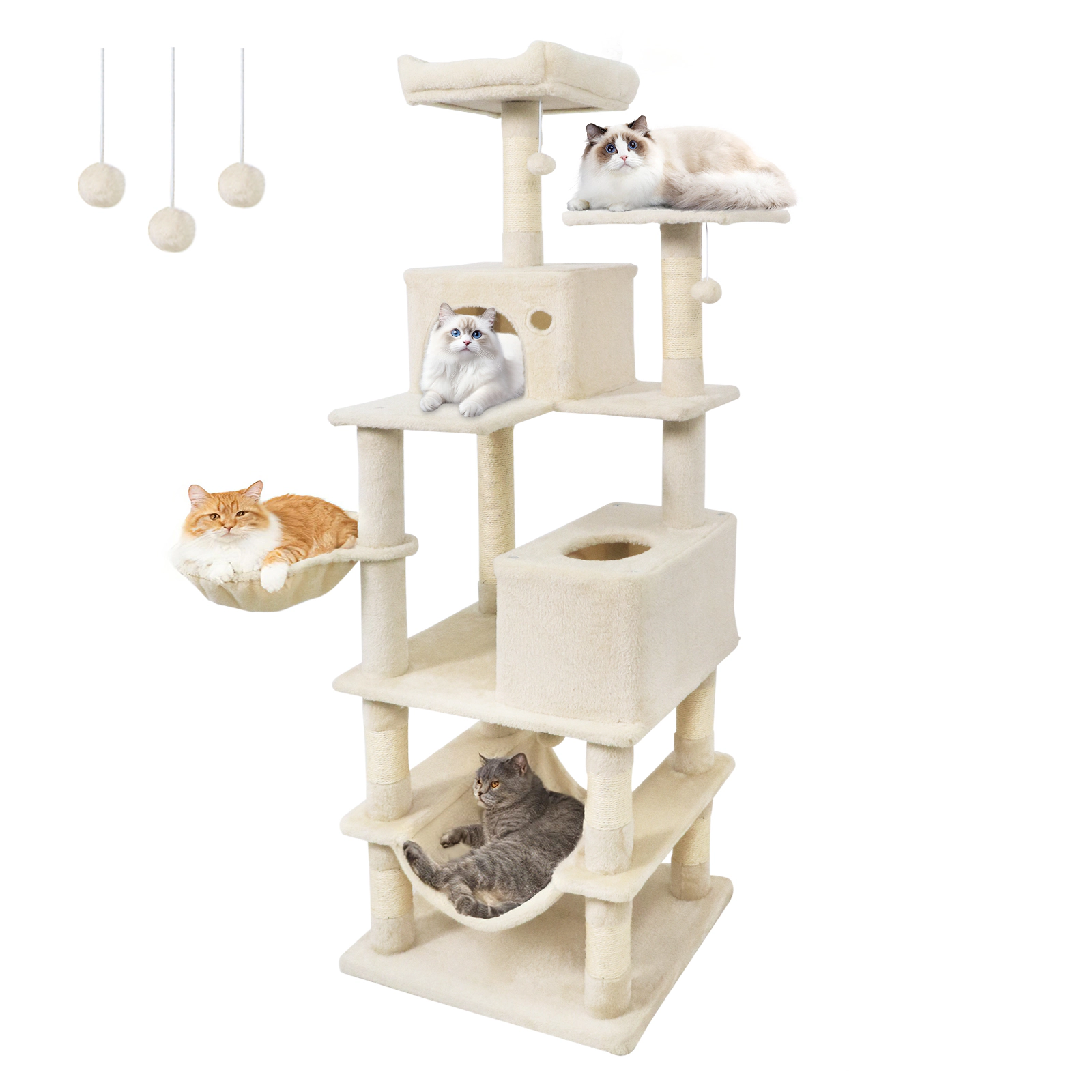 SUGIFT 66 Cat Tower with 2 Condos Perches Hammock and Woven Basket