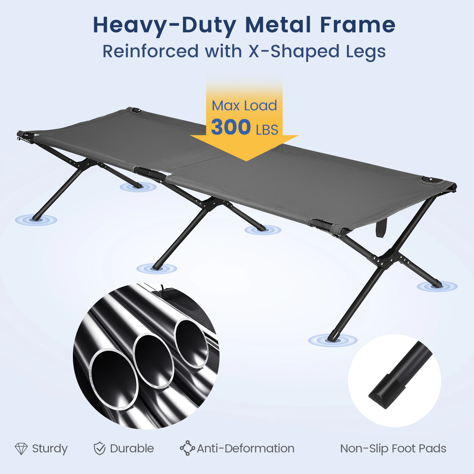 SUGIFT Adult and Kids Gray Folding Camping Cot with X-Shaped Iron Legs 26.5-in W 16.5-in H 300-lb Bed Capacity