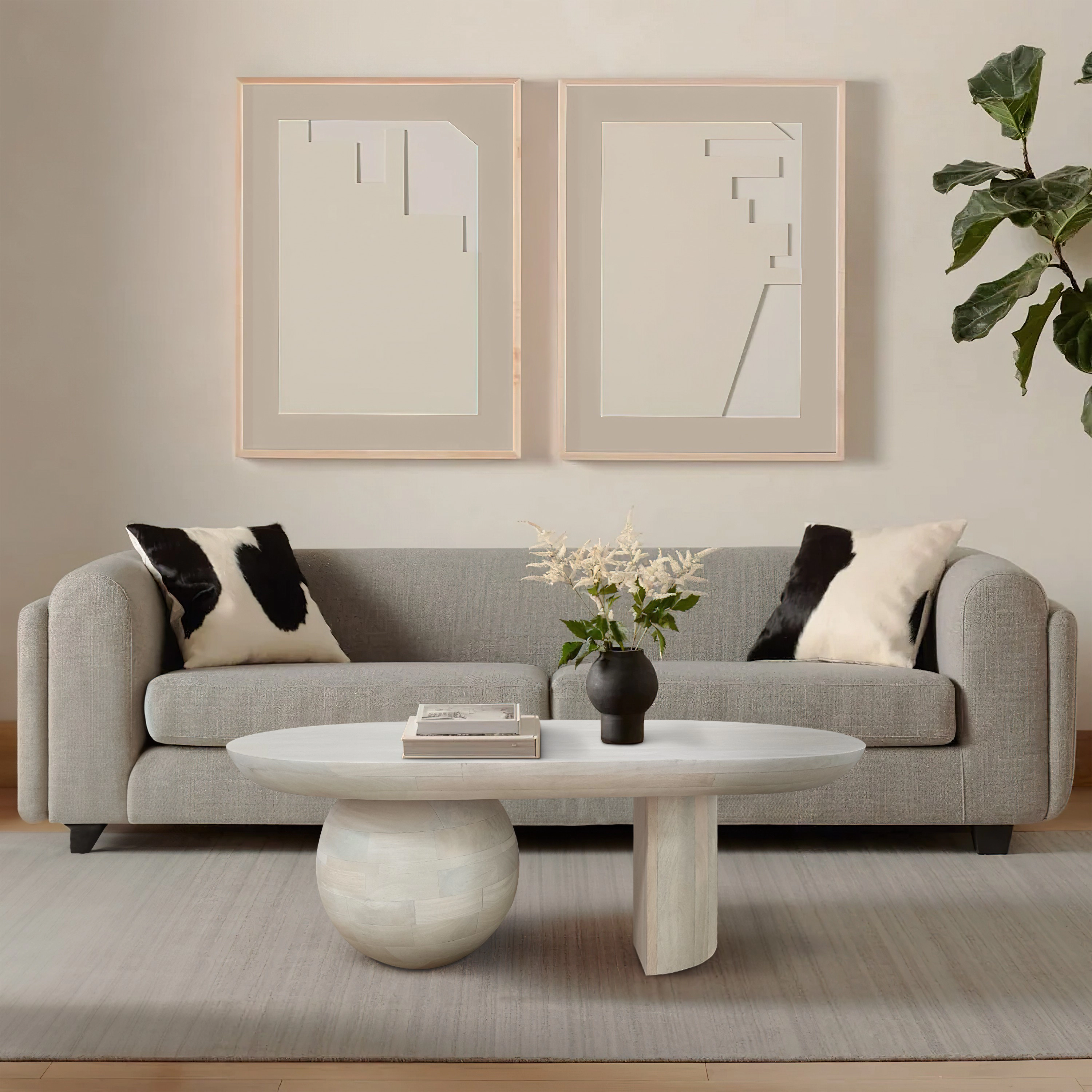 The Urban Port 38 Inch Coffee Table, Oblong Mango Wood Top with a Modern Ball Leg, Washed White