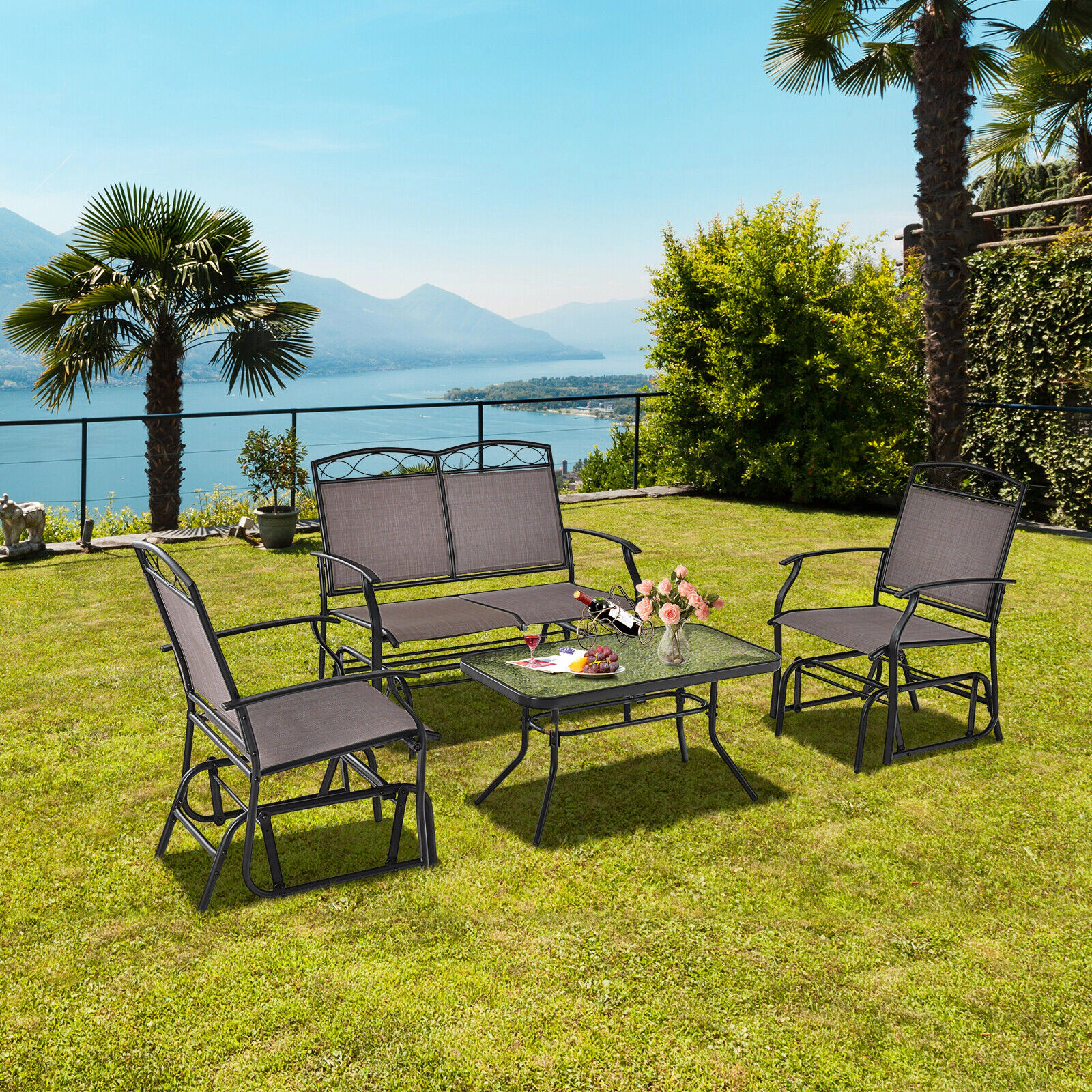 LJG 4 Piece Patio Glider Conversation Set with Tempered Glass Table Top