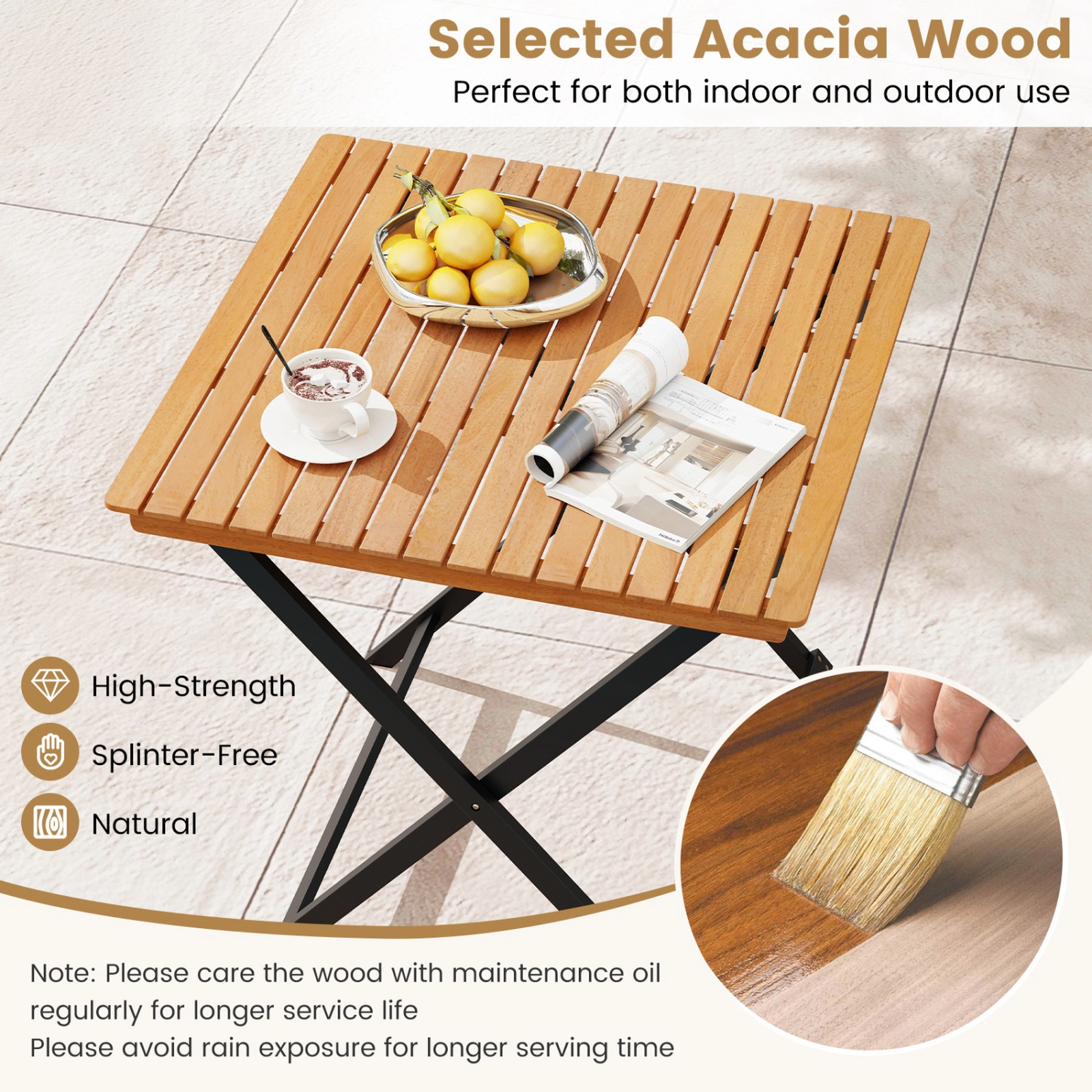 SUGIFT 28-in Patio Folding Square Table with Slatted Tabletop 180-lb Capacity for Backyard Porch Natural + Black