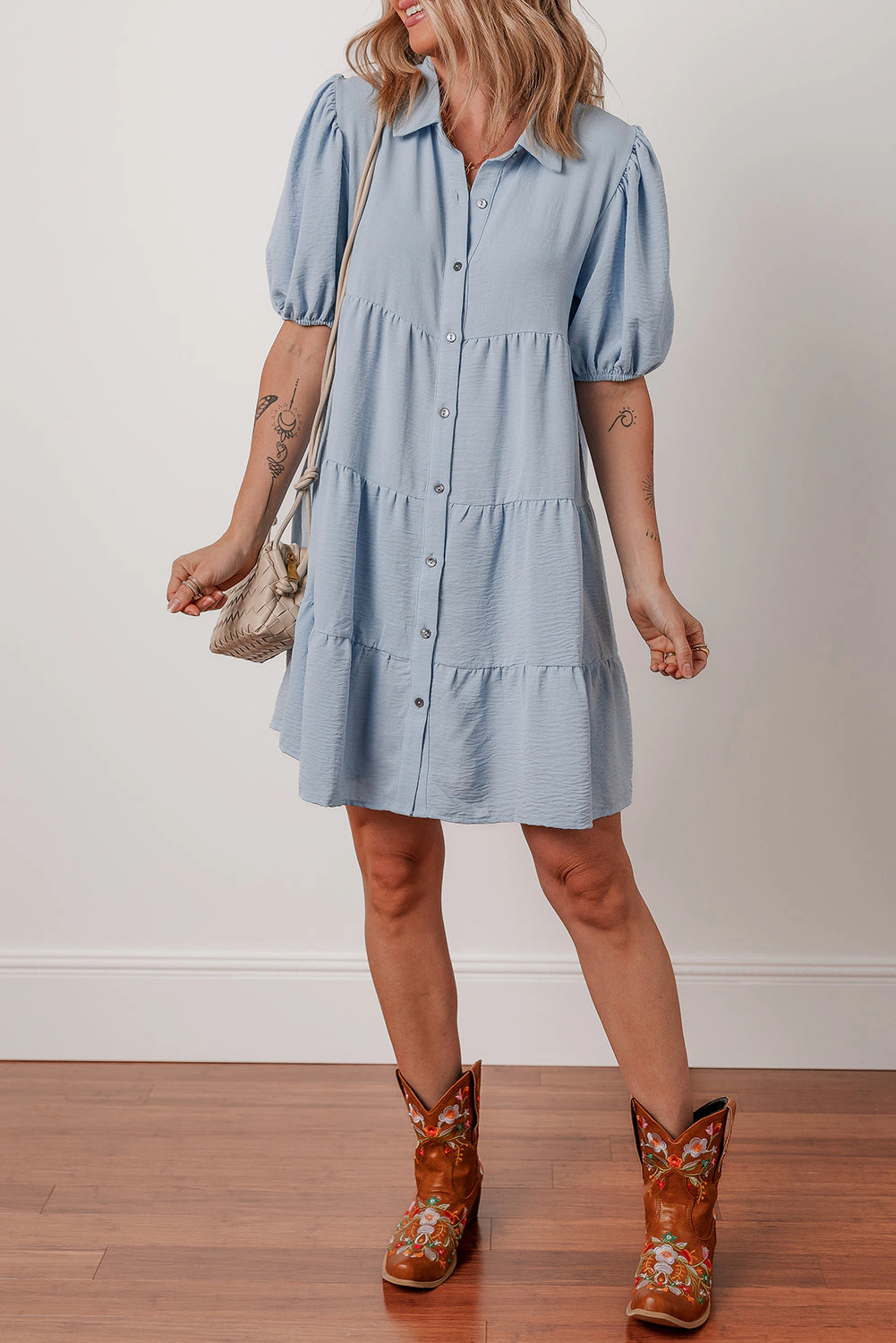 Threaded Pear Women's Arya Shirt Collar Button Up Puff Sleeve Tiered Dress