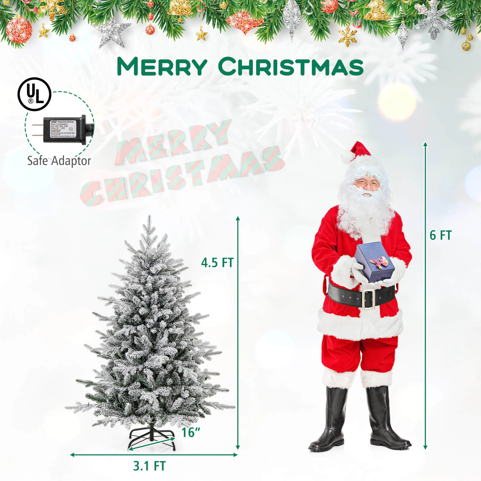 Costway 4.5/6/7 FT Flocked Christmas Tree with 8 Lighting Modes 160 Multi-Color LED Lights