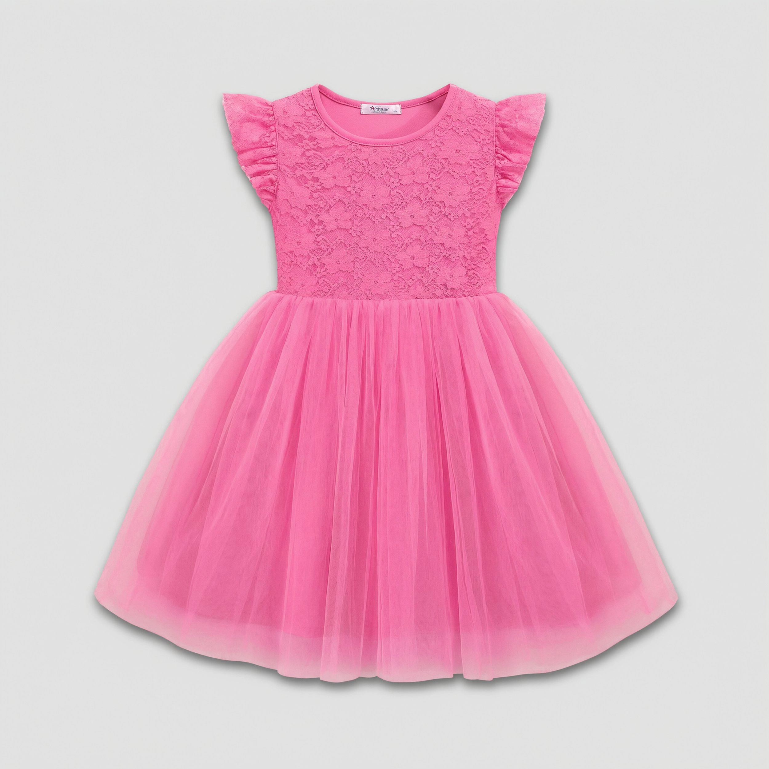 Arshiner Girl's Lace Ruffle Sleeve 3 Layers Tulle Flower Tutu Dress