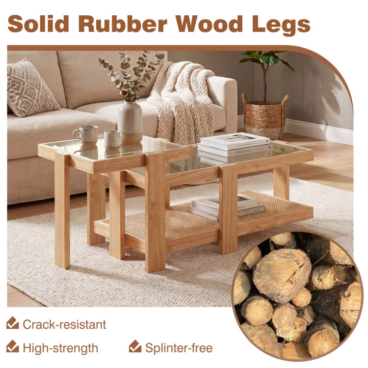 Hivvago Set Of 2 Nesting Coffee Table With Boho Rattan Accent Table