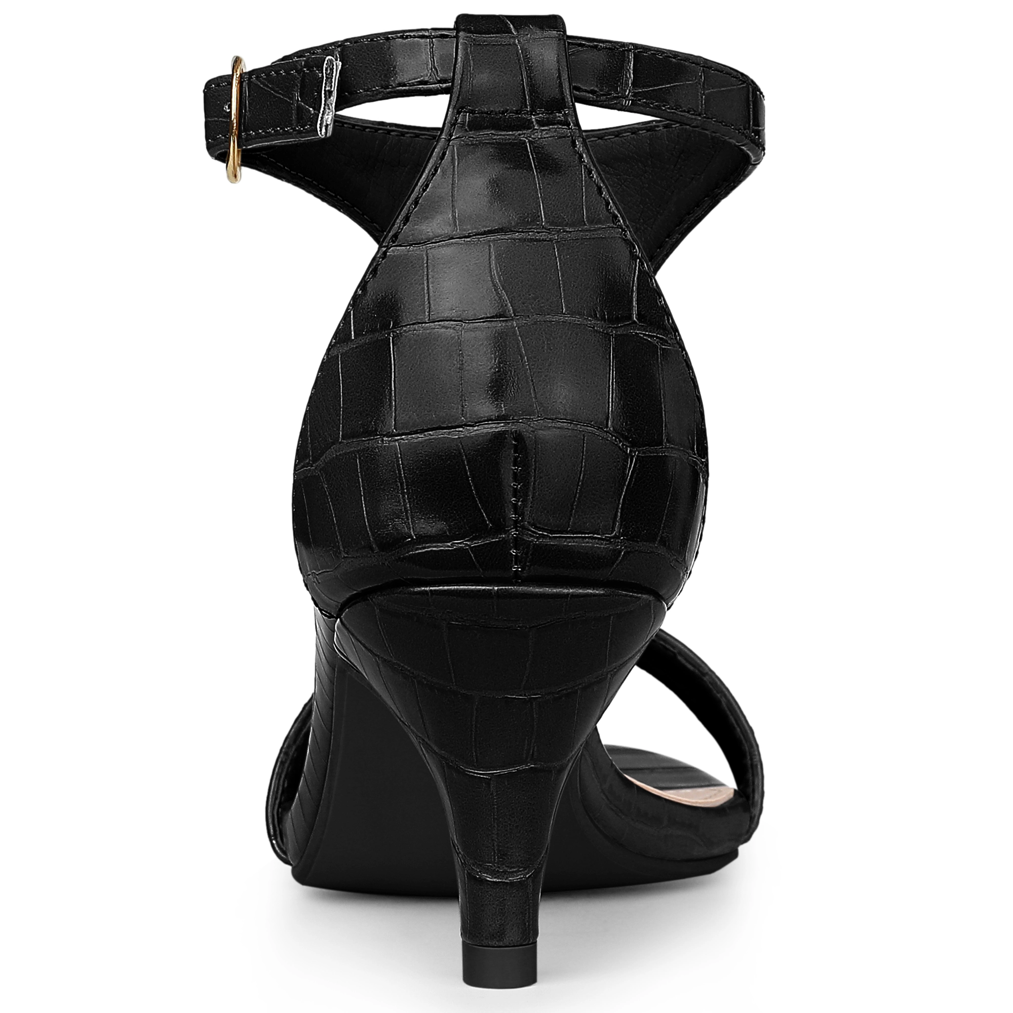 BLISSFUL STEP Women's T Strap Embossed Kitten Heel Sandals