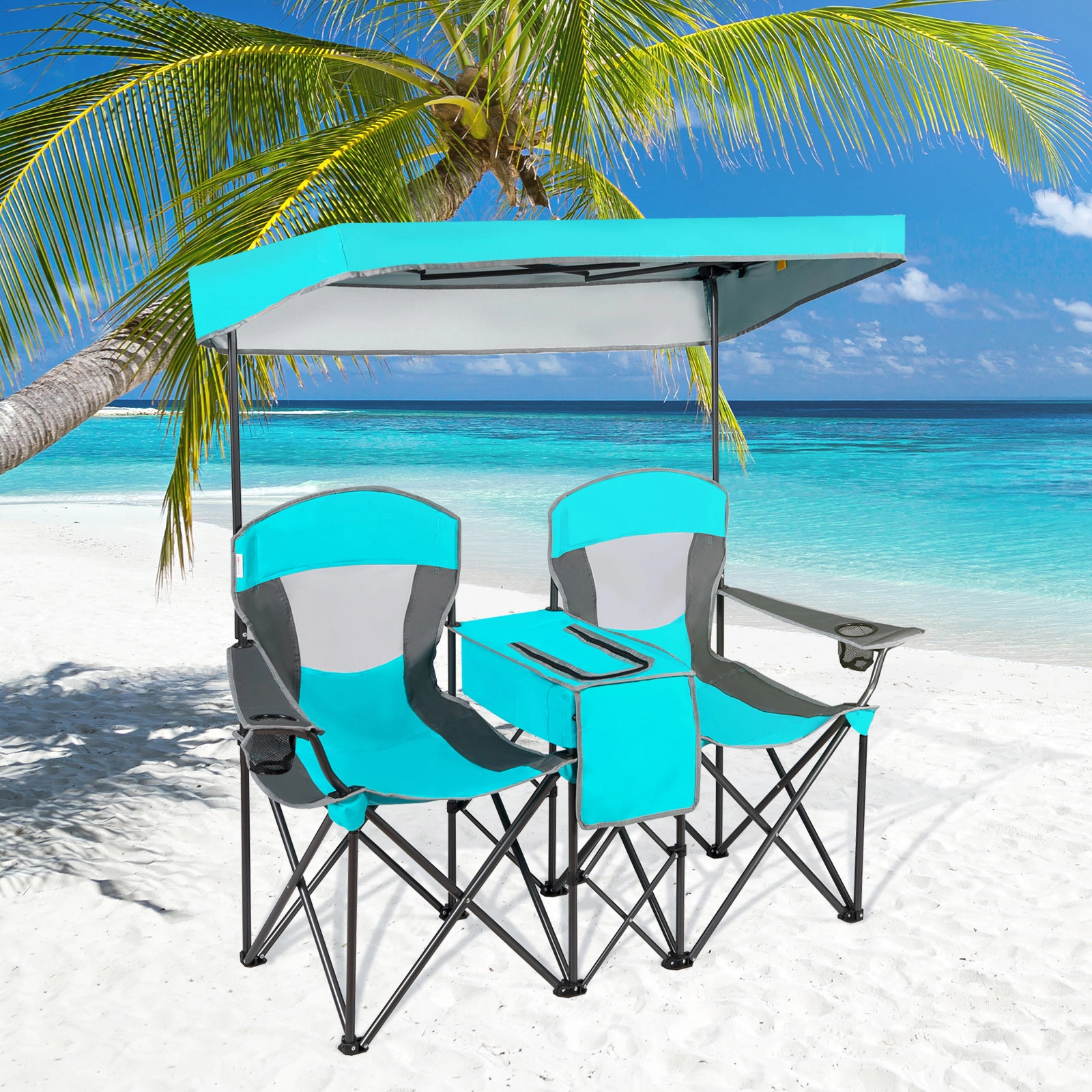 SUGIFT 265-lb Capacity Portable Folding Camping Canopy Chair with Adjustable Sun Shade Cooler Bag and Cup Holder