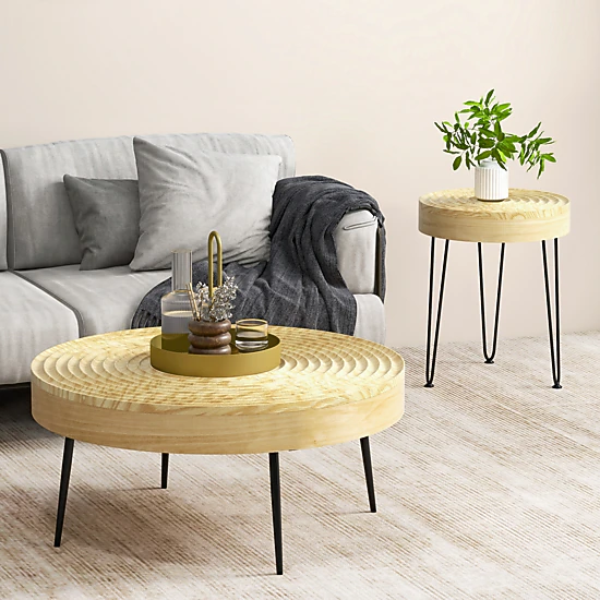 Glintex 2-Piece Solid Pine Round Coffee Table Set with Ripple-Pattern Tops, Natural