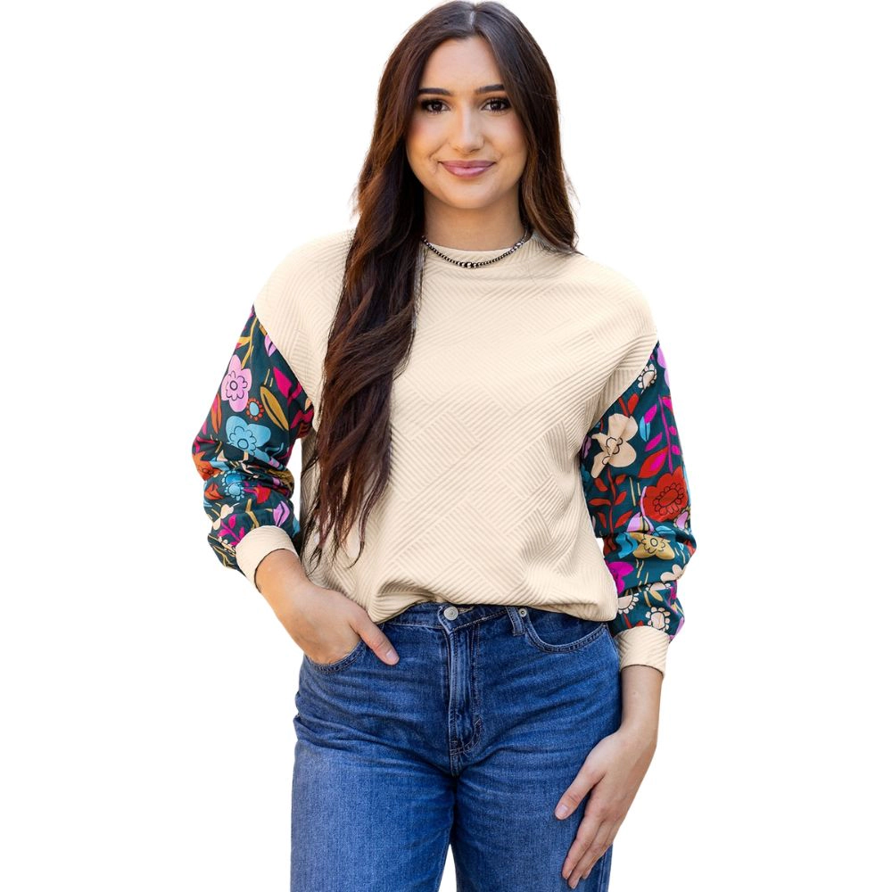 Sol Living Womens Contrast Floral Sleeve Textured Drop Shoulder Knit Top