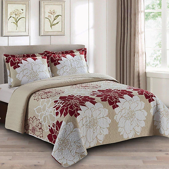 Egyptian Linens Helena Burgundy Floral Reversible Microfiber Quilt Set