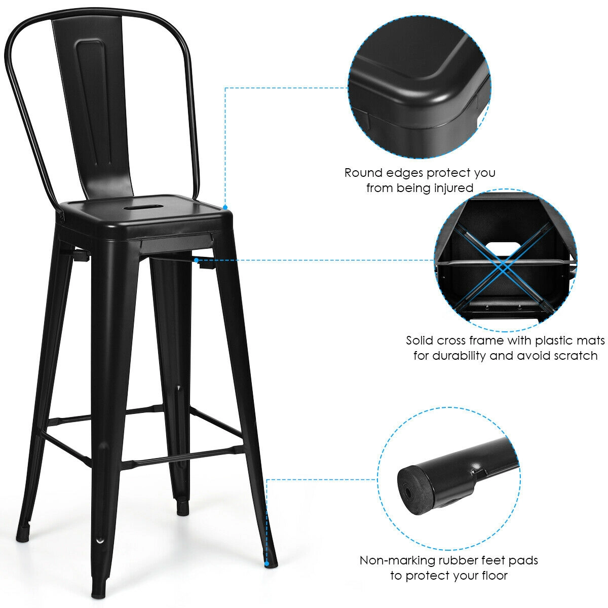 Glintex 4-Piece Stackable Metal Bar Stool Set with Removable Backrest