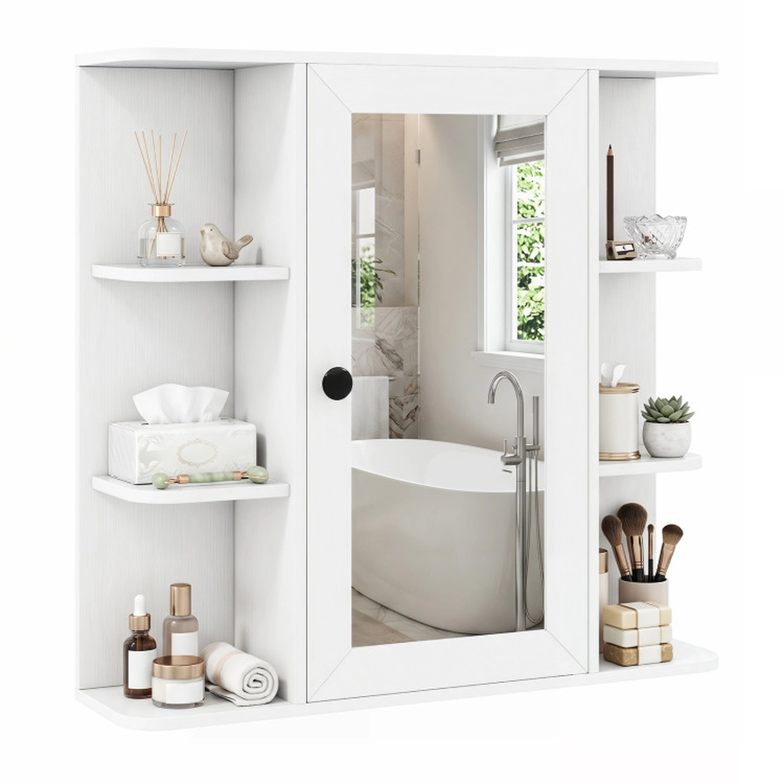 SUGIFT Mirror Door 3 Compartments 6 Open Shelves Bathroom Medicine Cabinet 26-in x 6.5-in x 25-in 120-lb White