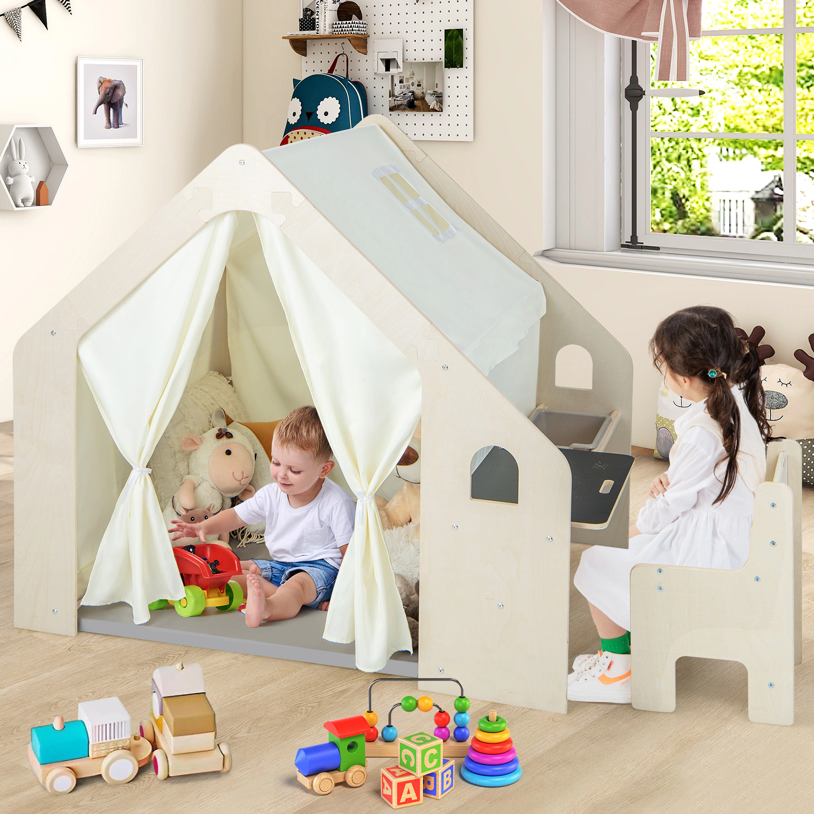Toddler Play Tent Indoor Playhouse with Table Chair Chalkboard and Storage Bin 52-in x 38-in x 45-in Beige