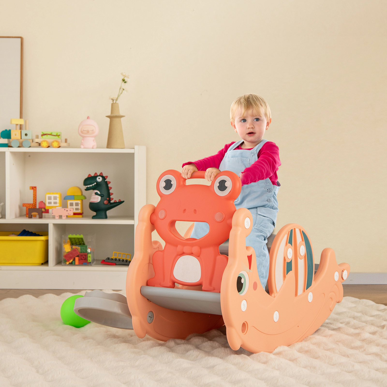 3-in-1 Convertible Toddler Slide and Rocking Horse Basketball Hoop 2-Step Ladder and 55-lb Capacity Ages 1.5-3 Pink