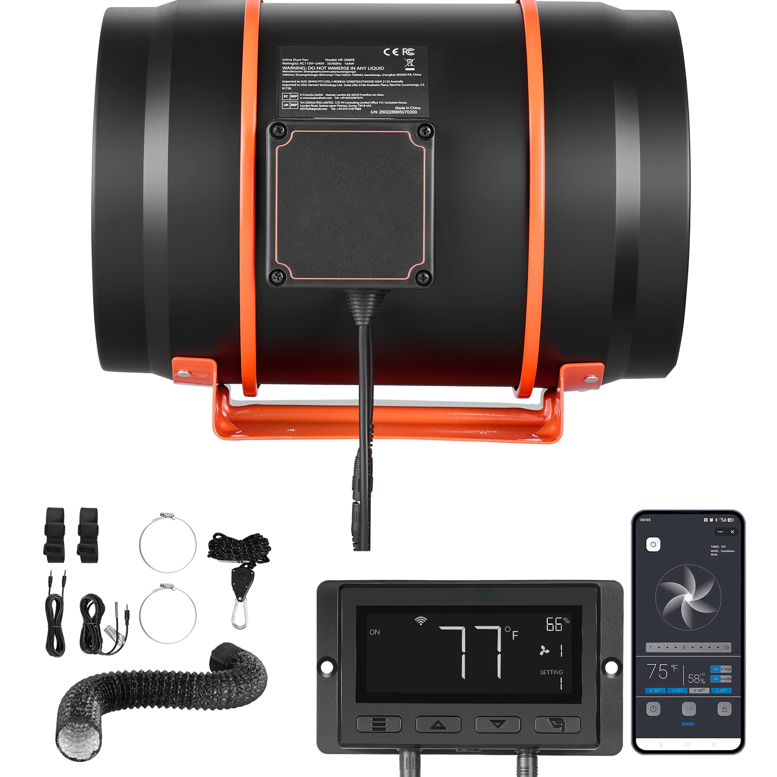 HONGGE Inline Duct Fan Kit Carbon Filter, EC Motor Exhaust Ventilation Fan with 10-Speed, PWM Controller, App Control