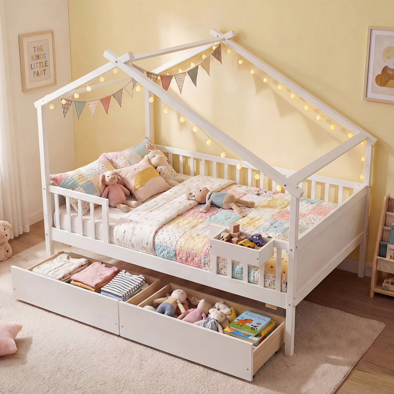 SUGIFT Full-Size White Wood House Bed with Roof, Fence Rails and 2 Storage Drawers