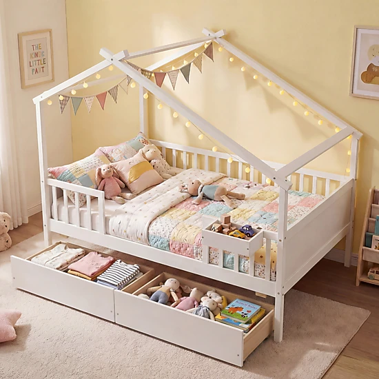 SUGIFT Full-Size White Wood House Bed with Roof, Fence Rails and 2 Storage Drawers