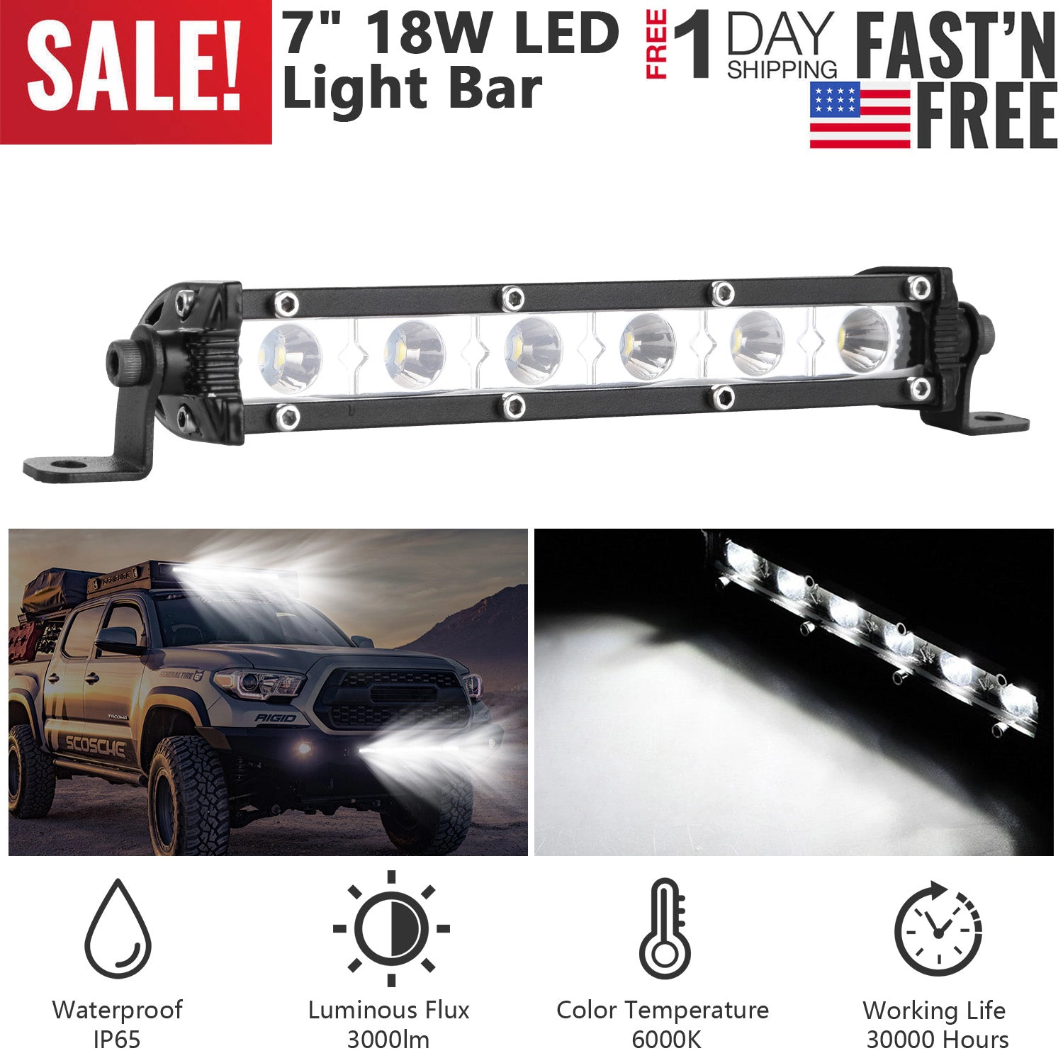 GBruno 7-Inch 18W LED Light Bar For Truck Boat