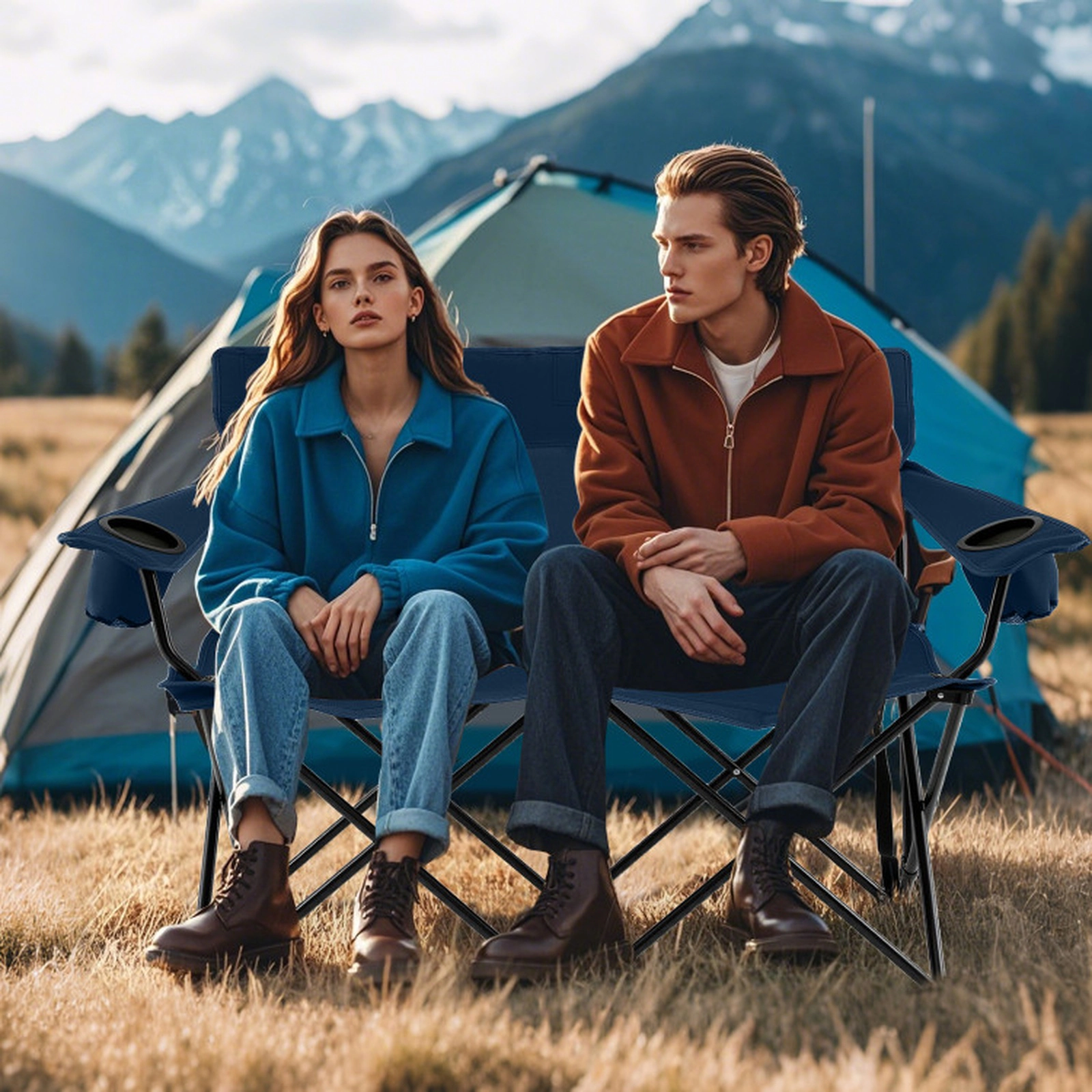 SUGIFT 2-Person Double Camping Loveseat Chair 660-lb Capacity 52-in Wide Folding Outdoor Seat with Cup Holders Blue