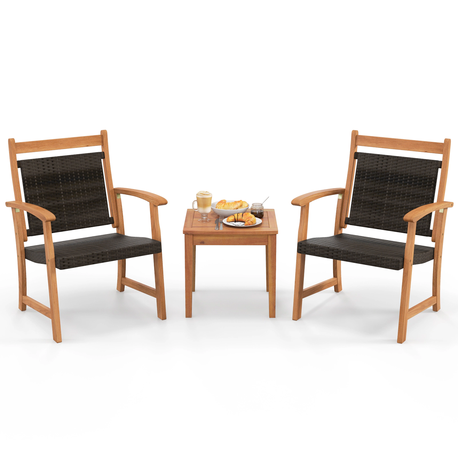LJG 3 Pieces Rattan Bistro Set with Acacia Wood Frame for Garden