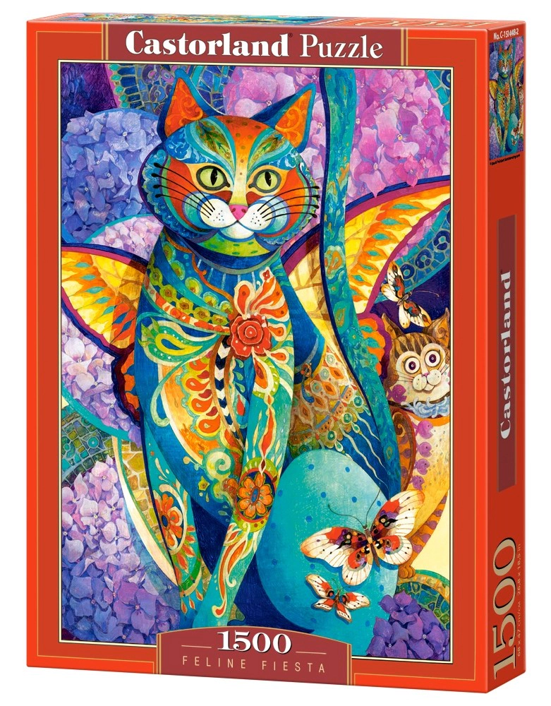 CASTORLAND 1500 Piece Jigsaw Puzzles, Feline Fiesta, Art. Puzzle, Colorful cat painting, Hydrangeas flowers, C-151448-2