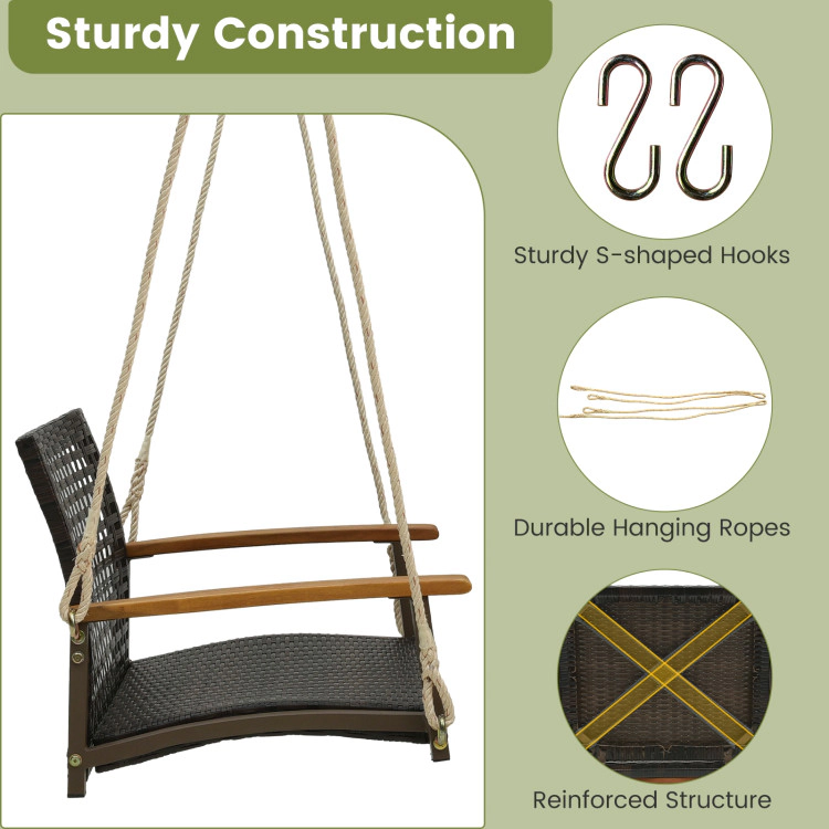 Hivvago Single Rattan Porch Swing With Armrests Cushion And Hanging Ropes