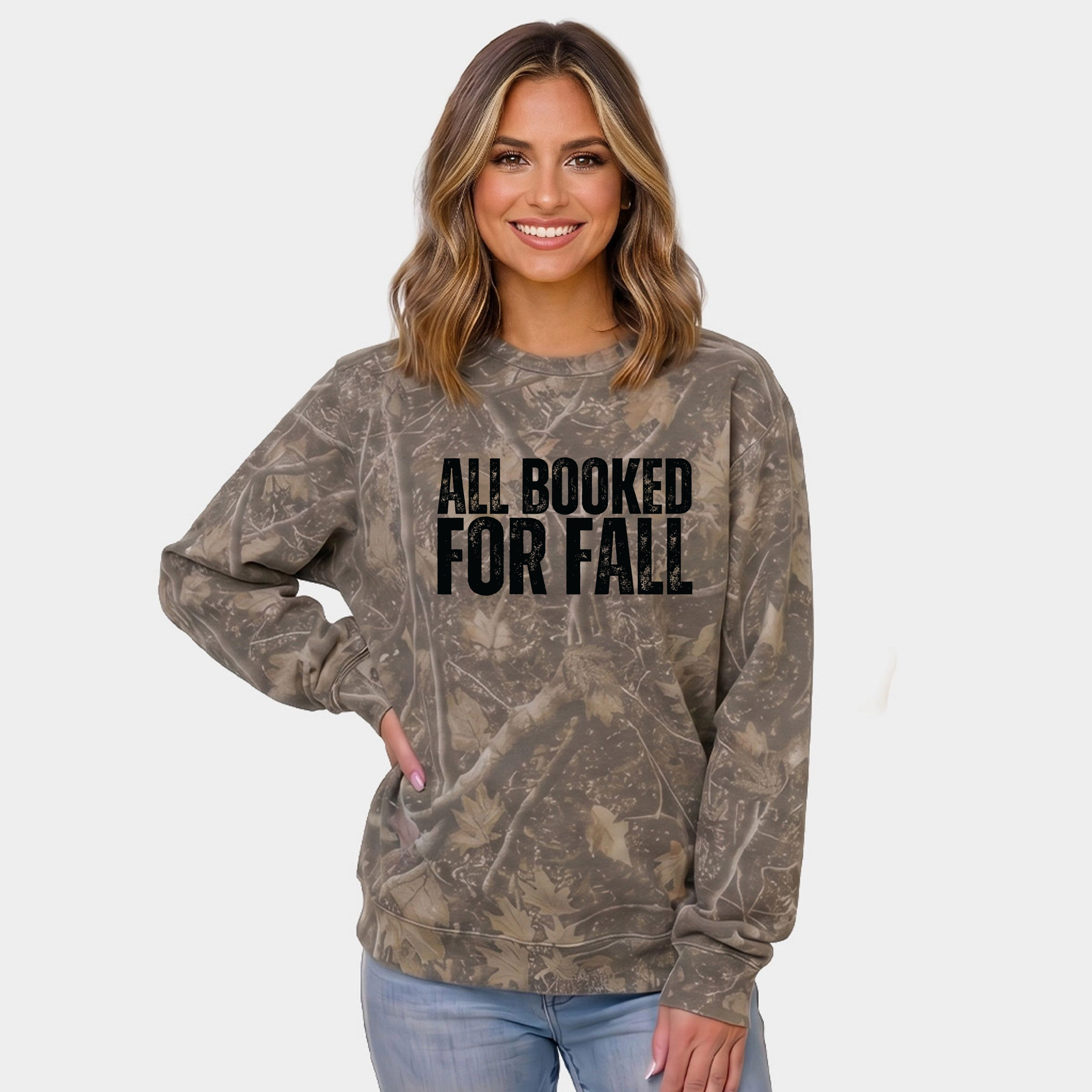 Simply Sage Market - Women's Camo Sweatshirt All Booked For Fall Bold Distressed
