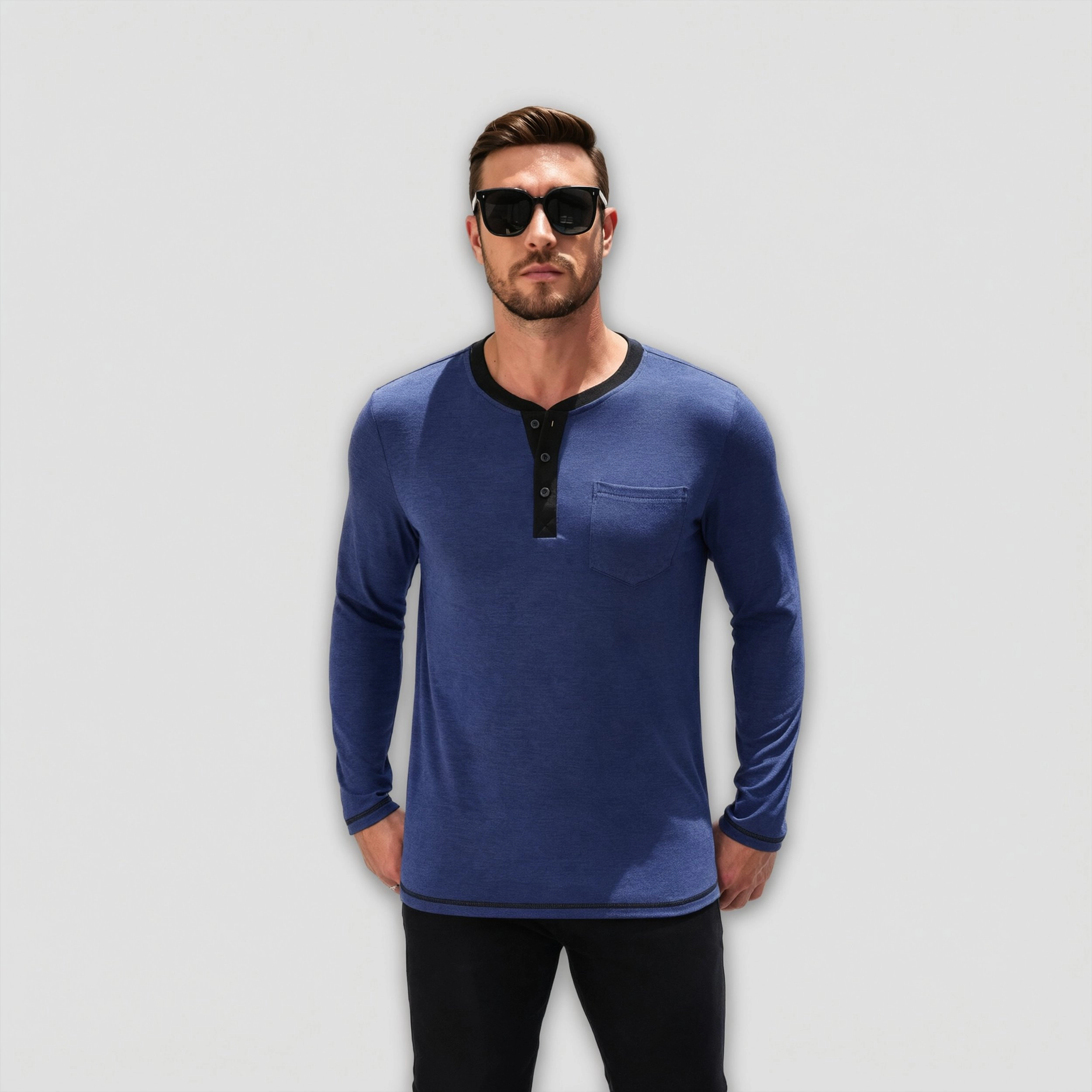Coofandy Men's Long Sleeve Henley Contrast Trim Button Placket Pocket Tee