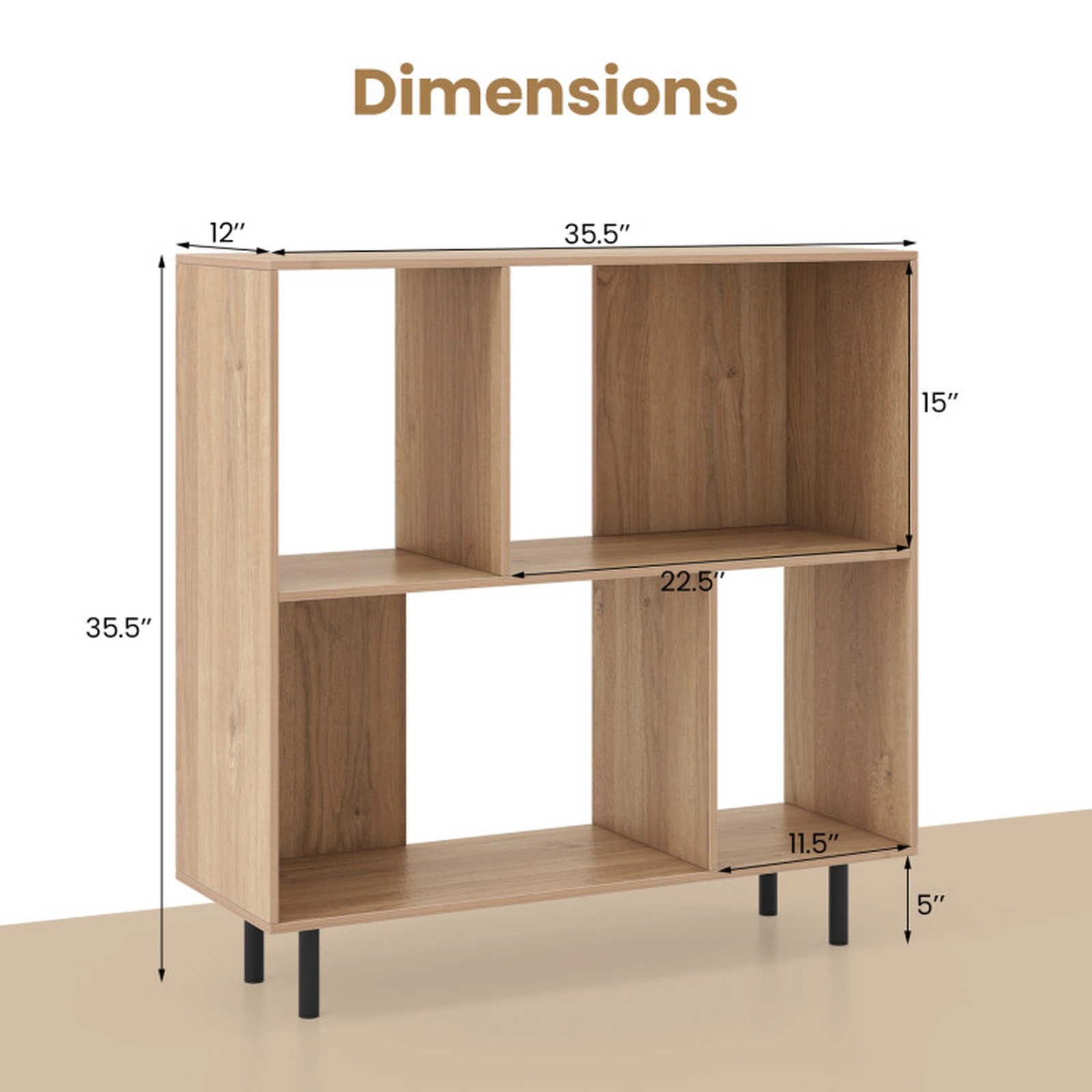 SUGIFT 4-Cube Natural 35.5-in Square Mid-Century Modern Bookshelf with Open Display Shelf and Metal Legs