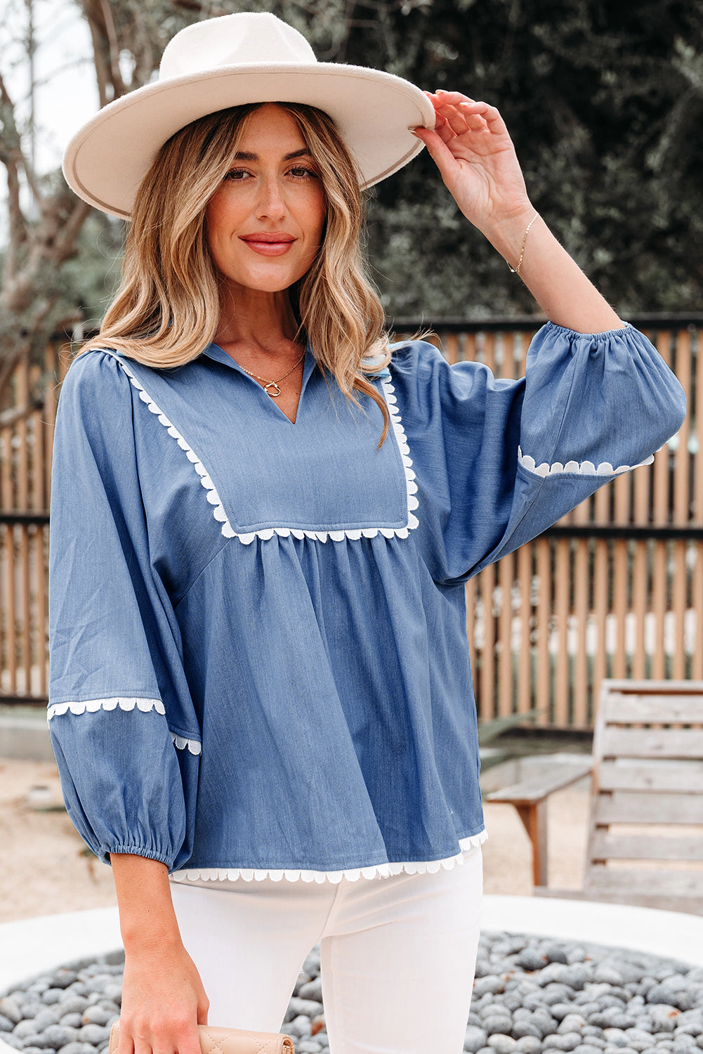 Threaded Pear Women's Nevaeh Lace Ric Rac 3/4 Puff Sleeve Collared Babydoll Blouse