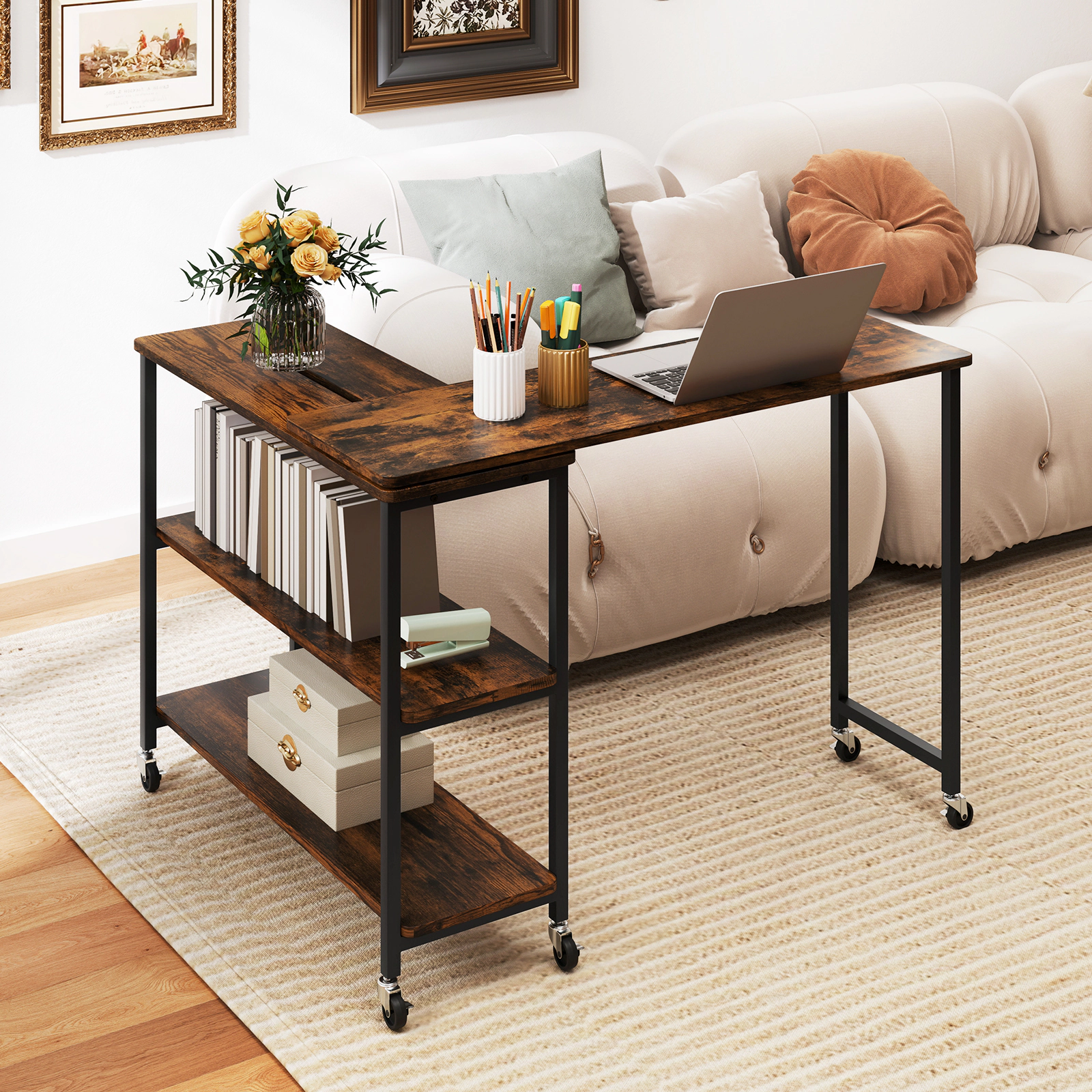 LJG Large 360-Degree Free Rotating Sofa Side Table with Wheels and Storage Shelf