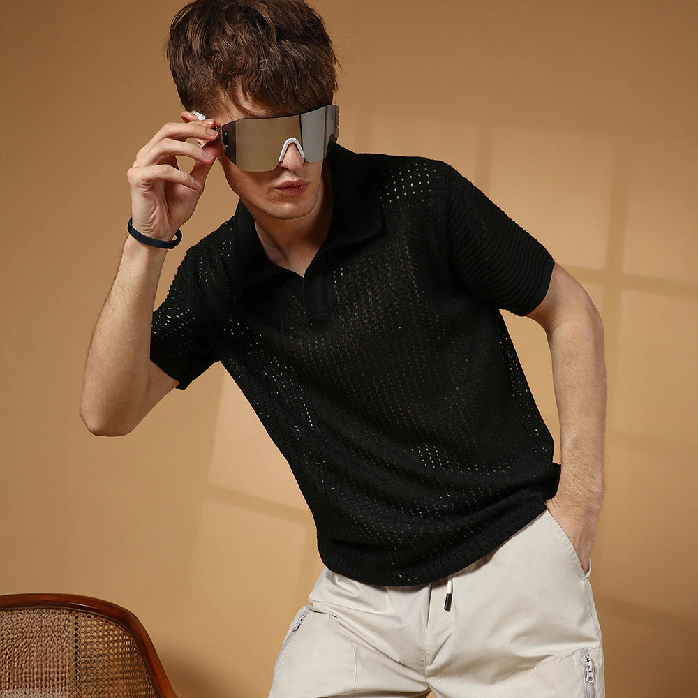 Textured-Knit Polo T-Shirt