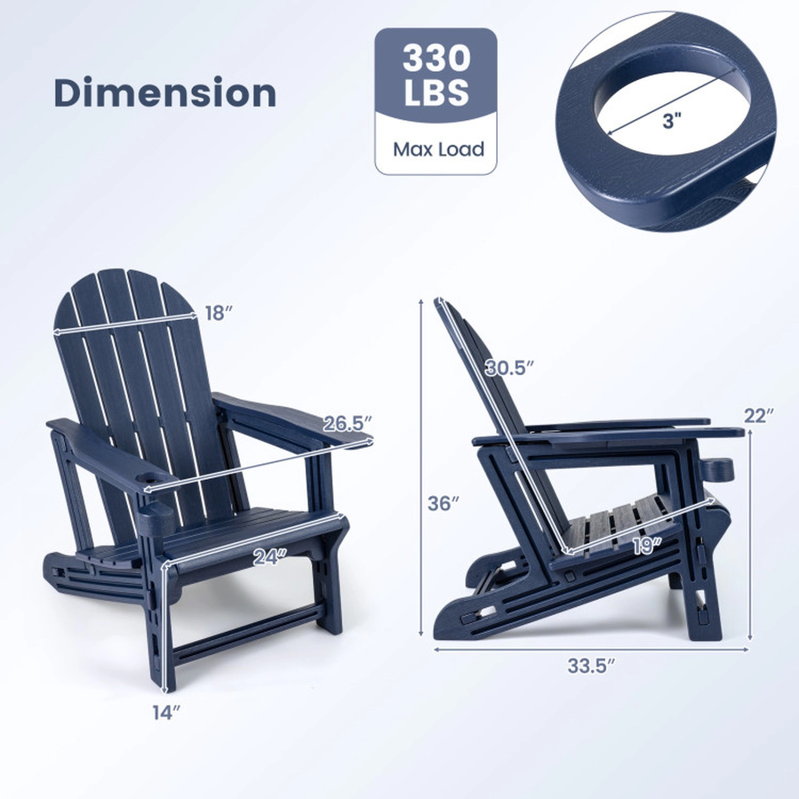 SUGIFT Navy Blue Cup Holder and Wooden Texture for Patio Set of 2 HDPE Adirondack Chairs