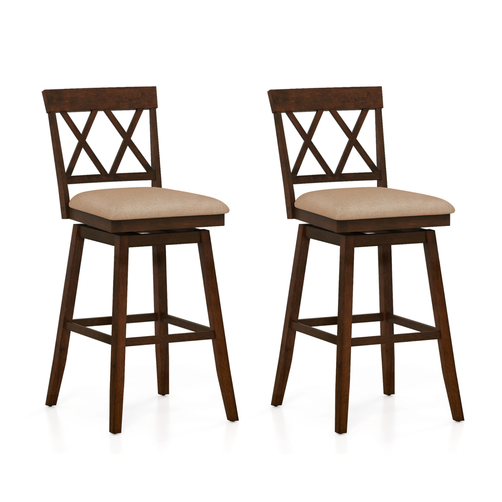 SUGIFT X-Back Rubber Wood Frame and Padded Linen Seat Set of 2 Oak 29 in Bar Stools