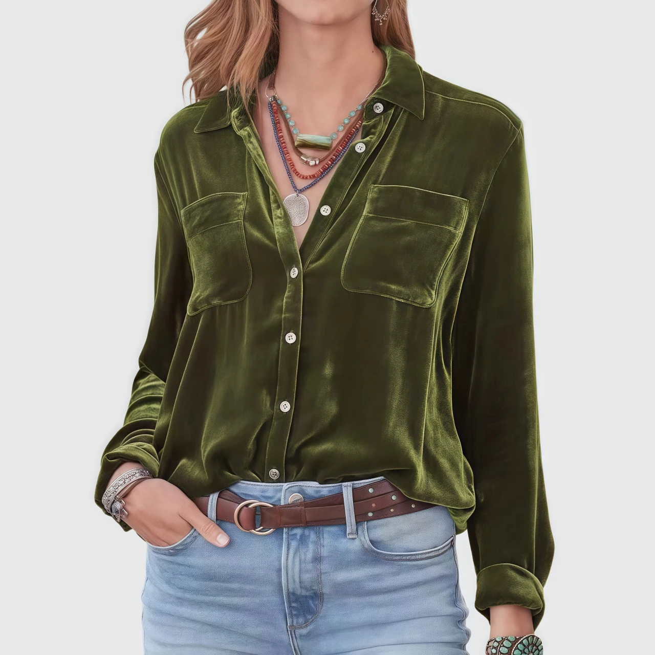 YesFashion Womens Velvet Shirts Long Sleeve Button Down Casual Blouses Tops