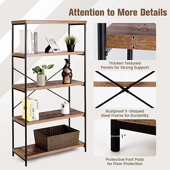 Hivvago 5-Tier Industrial Bookshelf Display Storage Rack with Metal Frame