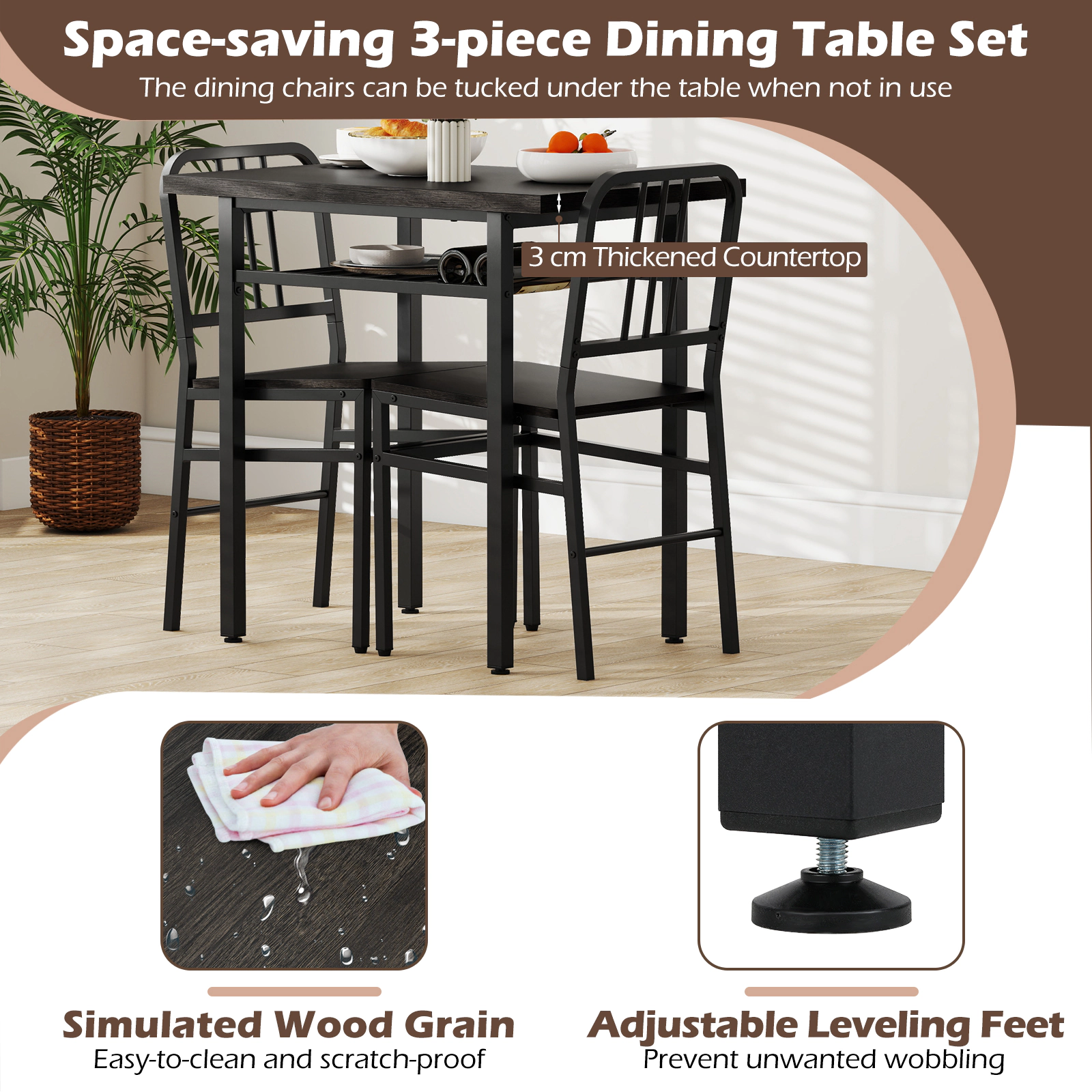 SUGIFT 3-Piece Engineered Wood and Metal Dining Table Set with Storage Shelf 200-lb Table 330-lb Chairs Gray