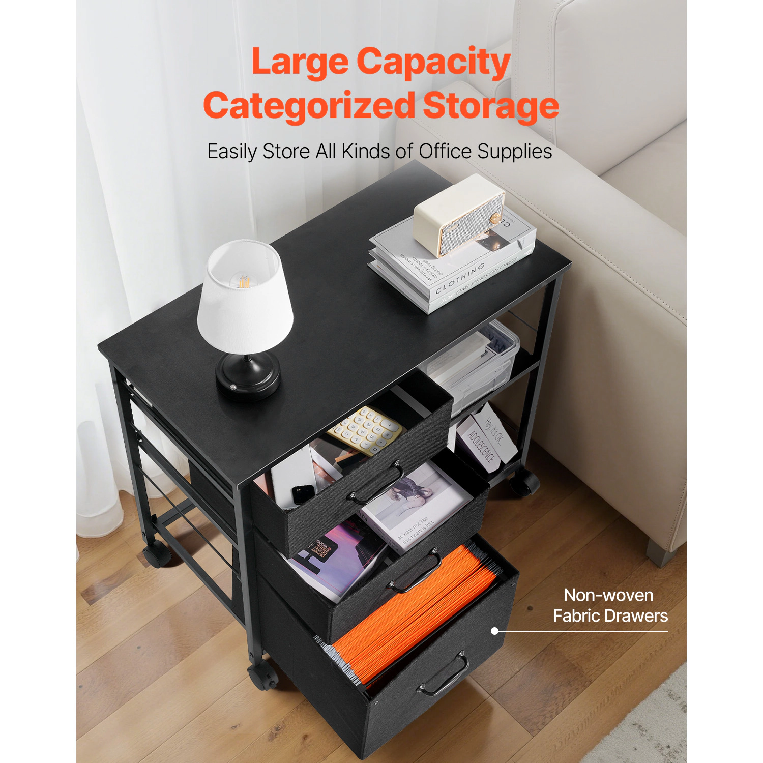 HONGGE Metal File Cabinet Mobile Filing Cabinet with 3 Fabric Drawers and 2 Open Shelves Wooden Vertical Filing Storage