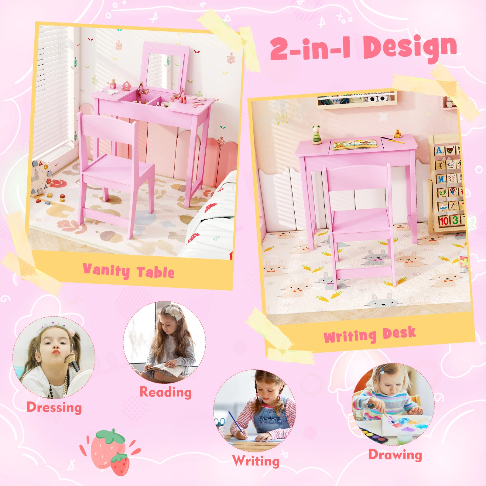 SUGIFT Kids Flip Top Mirror Hidden Storage Vanity Makeup Table and Chair Set 27.5-in x 13.5-in x 24-in 110-lb Pink