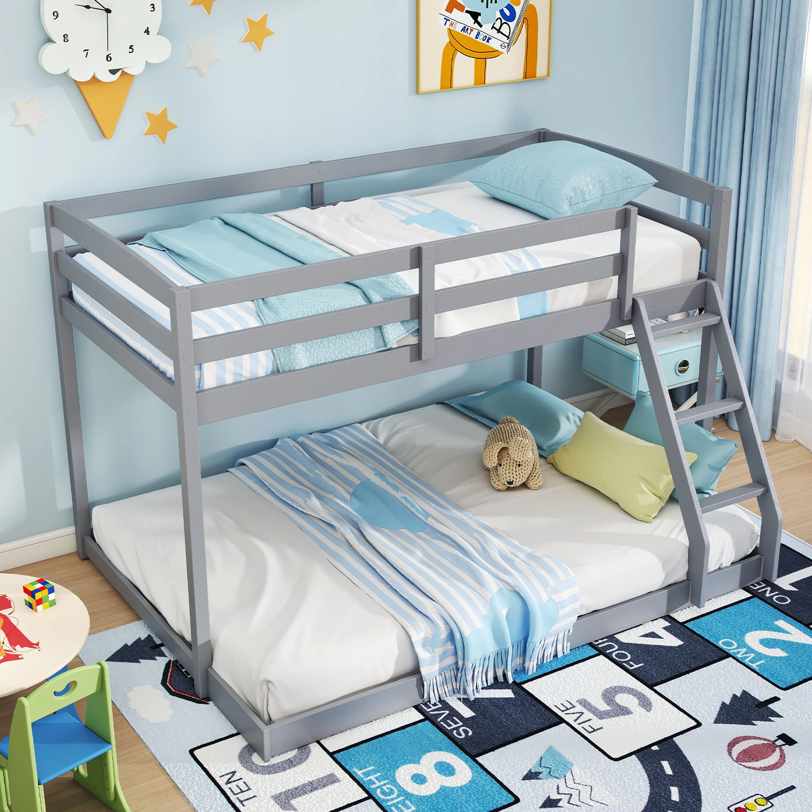 SUGIFT Twin Over Full Low Floor Bunk Bed Frame Guardrails & Ladder 250-lb Upper 350-lb Lower Capacity Gray/White/Natural
