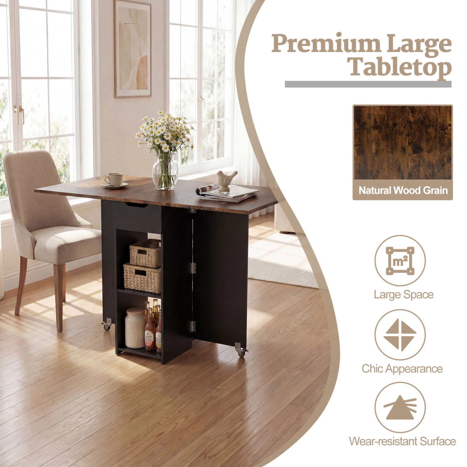 SUGIFT 47.5-Inch Rustic Brown Extendable Dining Table and Rolling Console with Drawer