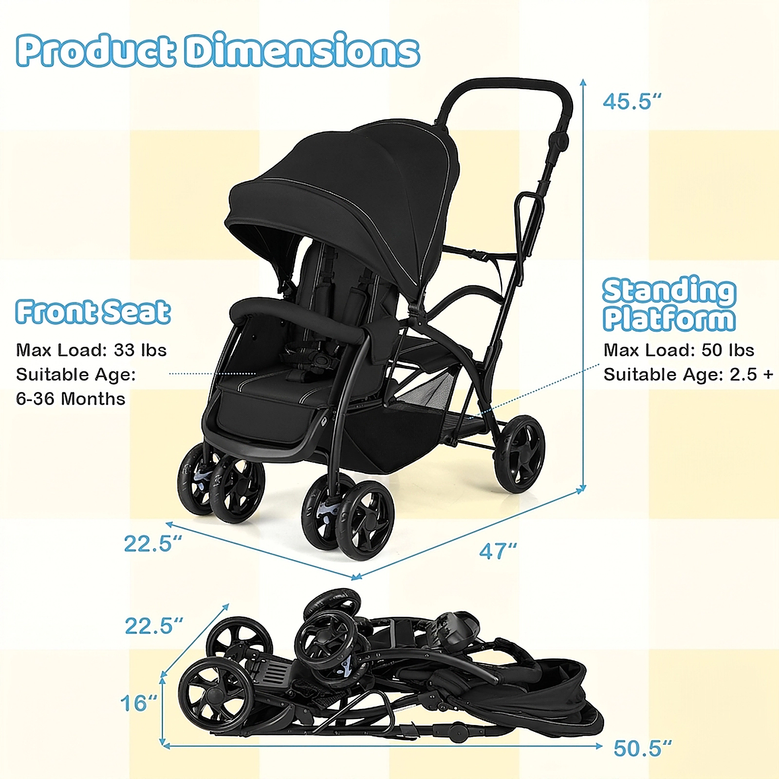SUGIFT Black 33-lb Seat and 50-lb Platform Foldable Sit and Stand Twin Tandem Double Baby Stroller