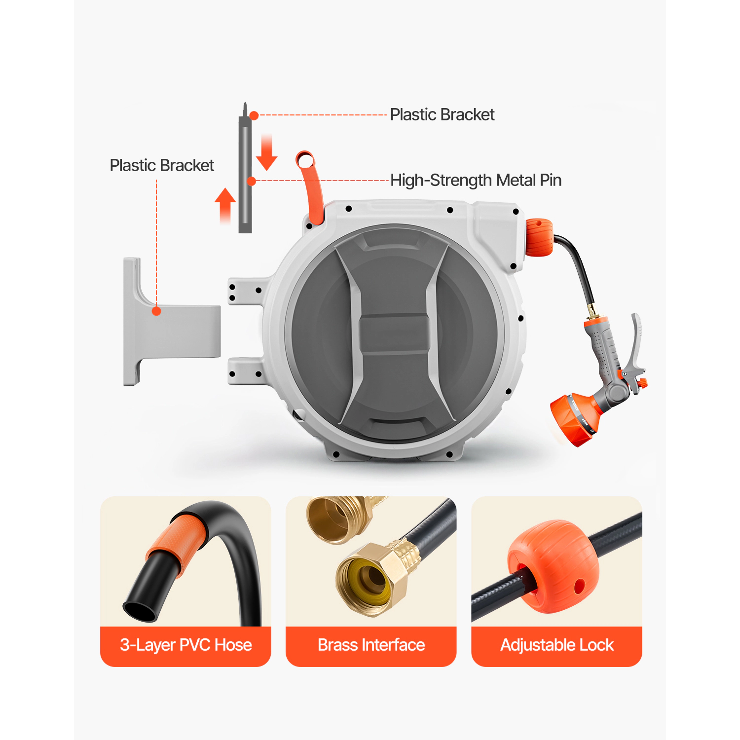 HONGGE Retractable Garden Hose Reel, 1/2 in x 84 ft, Wall-Mounted, 9-Pattern Nozzle, Slow Rewind, 180 Swivel Bracket