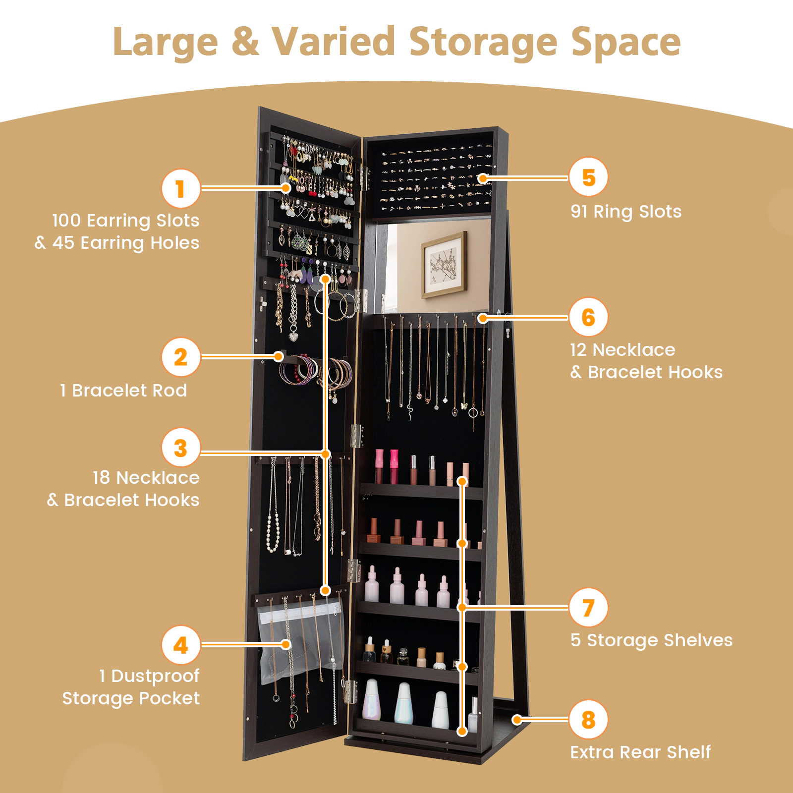 SUGIFT Standing Lockable Jewelry Storage Organizer with Full-Length Mirror 62-in Tall 14.5 x 15 in Base Coffee Brown