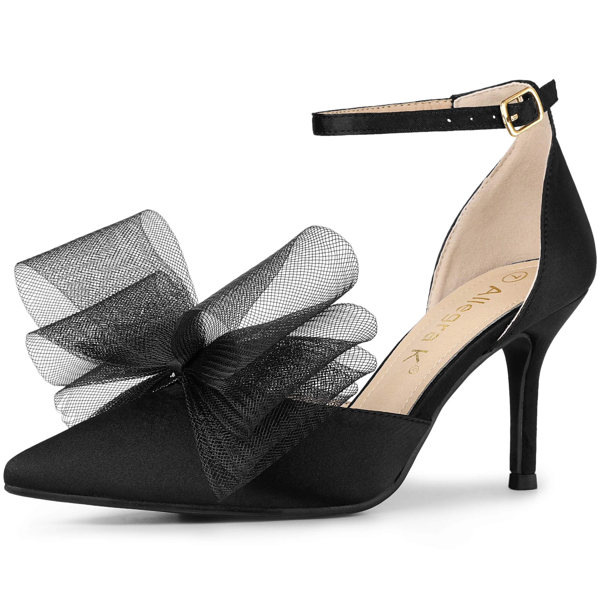 BLISSFUL STEP Women Pointed Toe Stiletto High Heels Bow Tie Ankle Strap Pumps