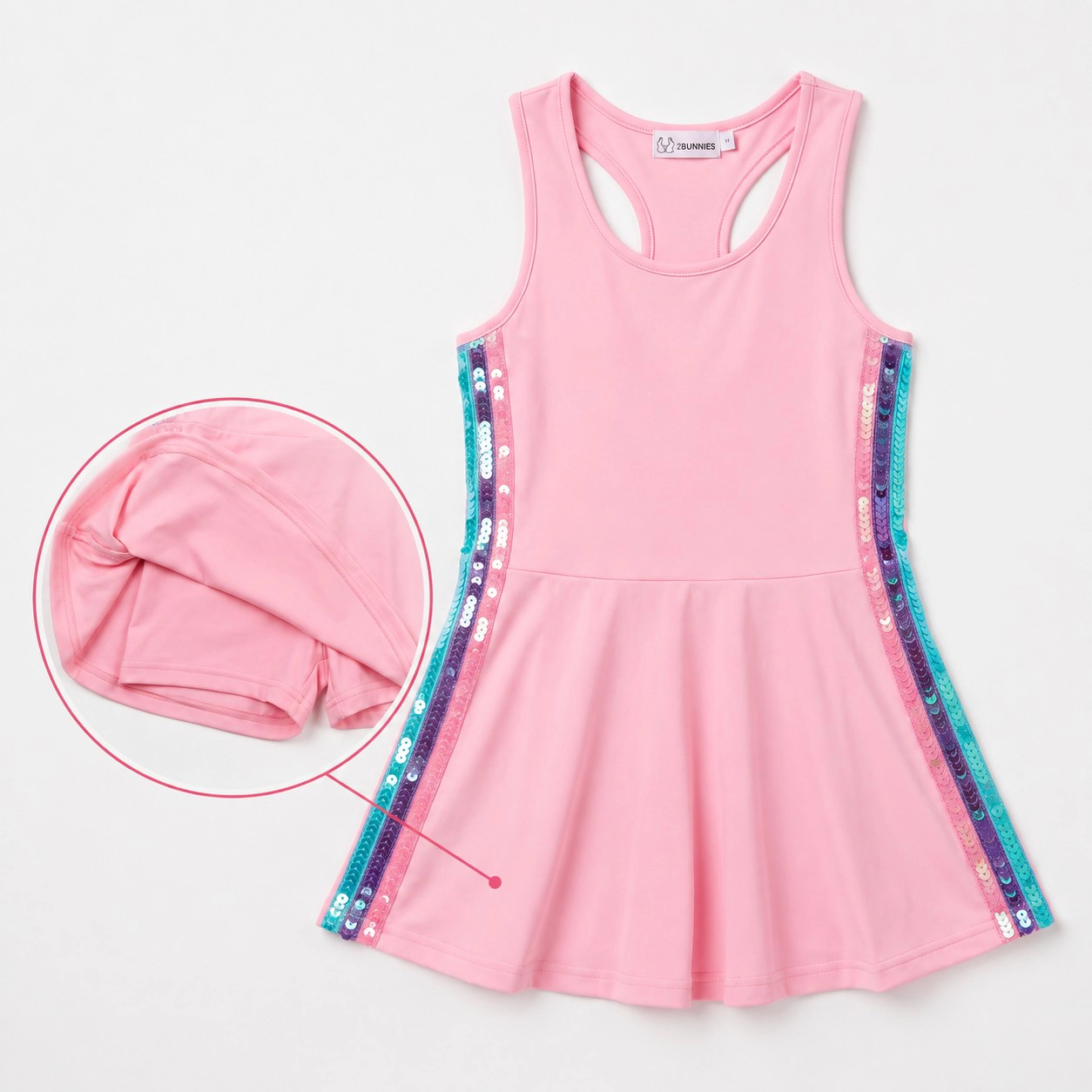 2Bunnies Girls' Sequin Side Stripe Racerback Athletic Dress with Built-In Shorts