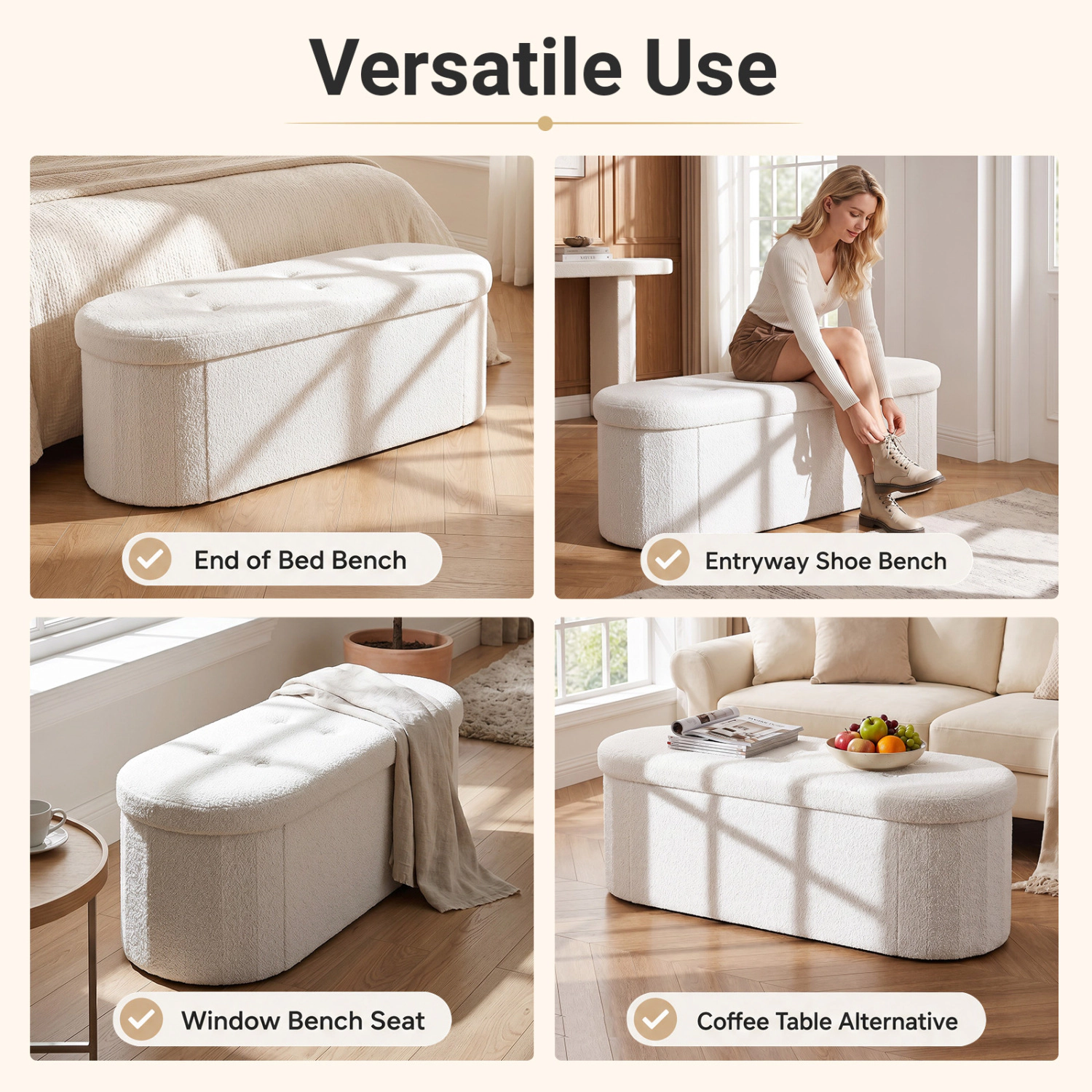 Glintex 43-Inch Teddy Fleece Storage Bench with 3 Compartments and 2 Dividers, White