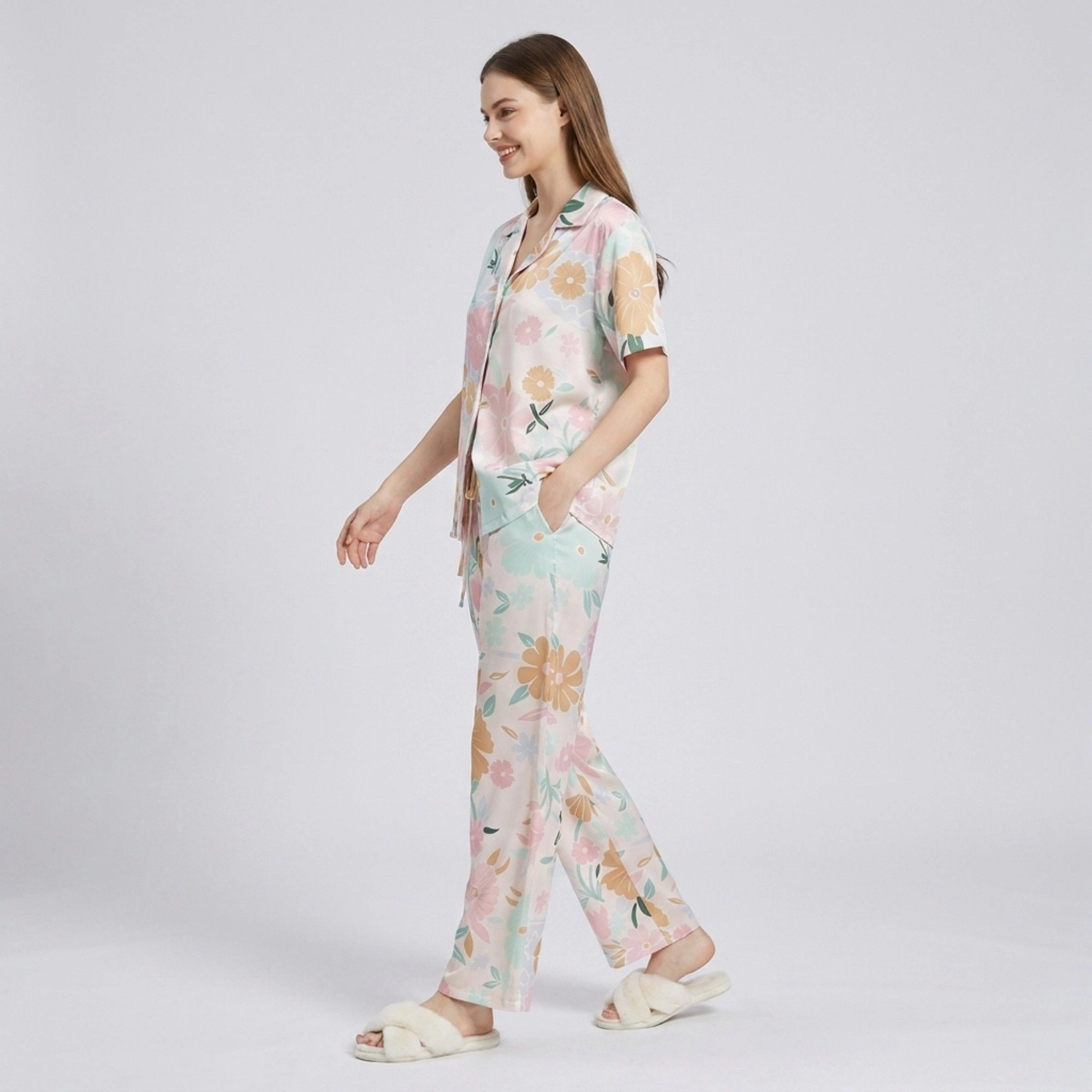 Anna-Kaci Women's 2-Piece Soft Floral Pajama Set with Short Sleeve Button Top and Wide Leg Pants